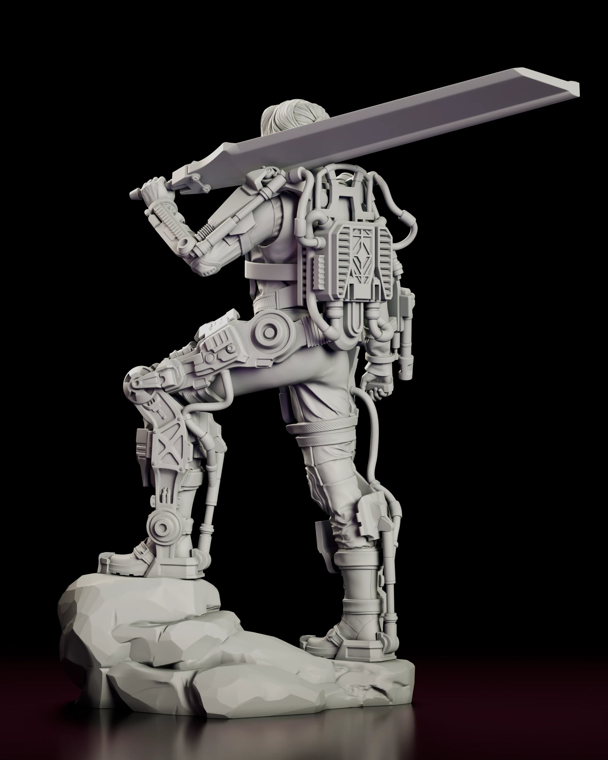 Rear view of the Angel of Verdun - Rita Vrataski figure model kit showing the backpack power unit and hose runs, the raised rotor blade and the exo-frame linkages down the backs of both legs
