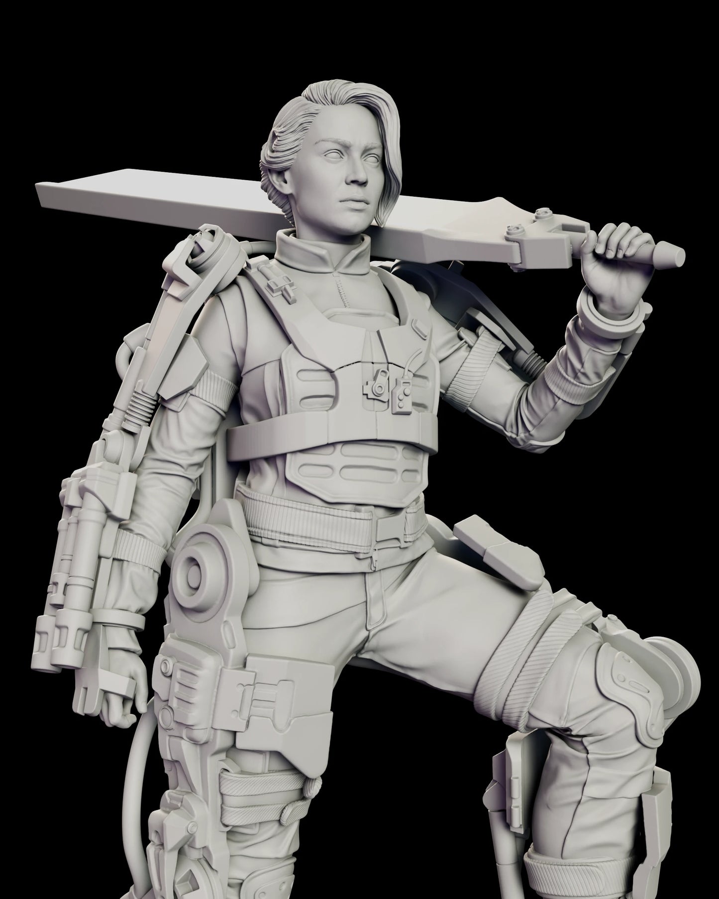 Close view of the upper body of the Angel of Verdun - Rita Vrataski figure model kit, showing the moulded chest rig, the webbing belt, the magazine rack on the arm brace and the hand closed around the rotor blade grip