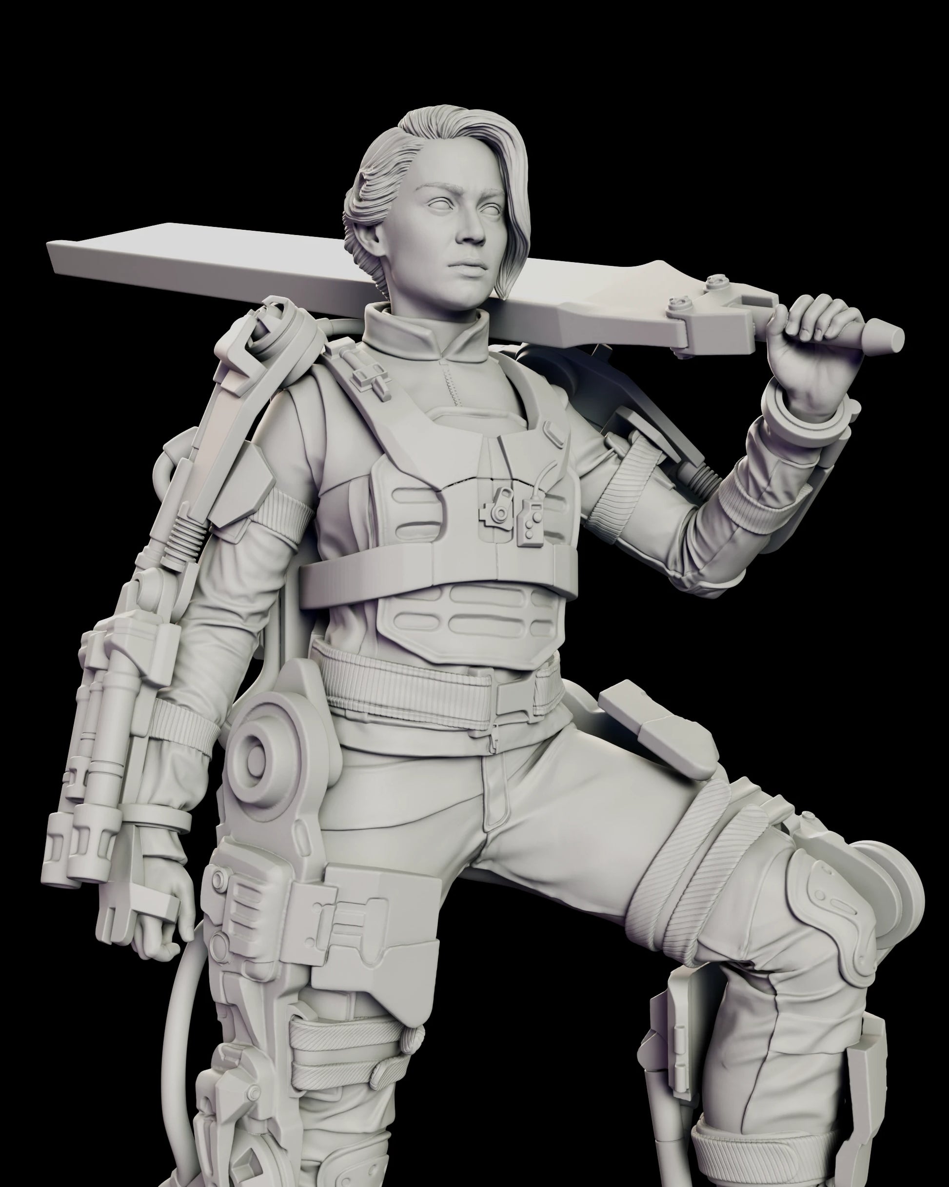Close view of the upper body of the Angel of Verdun - Rita Vrataski figure model kit, showing the moulded chest rig, the webbing belt, the magazine rack on the arm brace and the hand closed around the rotor blade grip