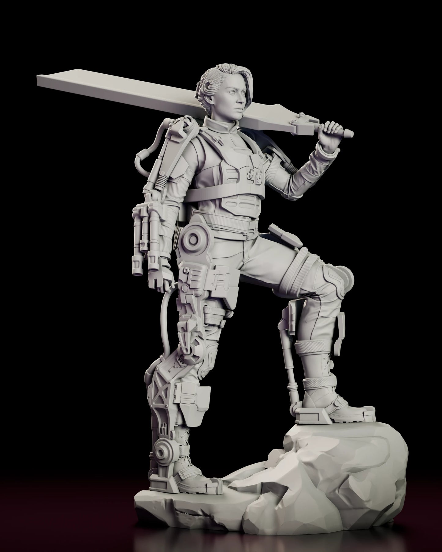 Front view of the Angel of Verdun - Rita Vrataski figure model kit with the rotor blade held across the shoulder, the knee raised onto the boulder and the powered exo-frame braces running down both legs to the ground