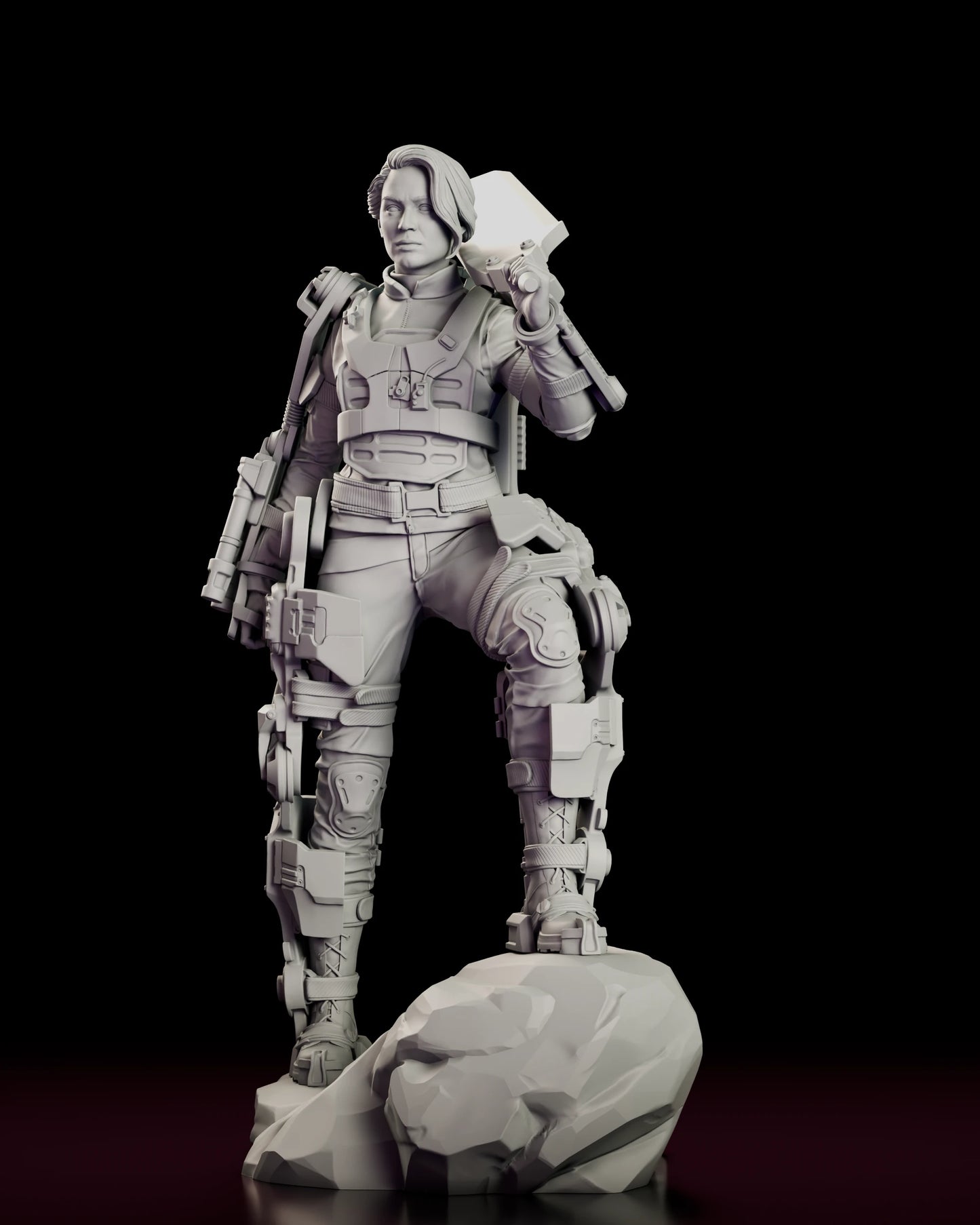 Left side view of the Angel of Verdun - Rita Vrataski figure model kit showing the chest rig, the strapped knee guards, the laced boots and the stowed weapon slung along the arm brace