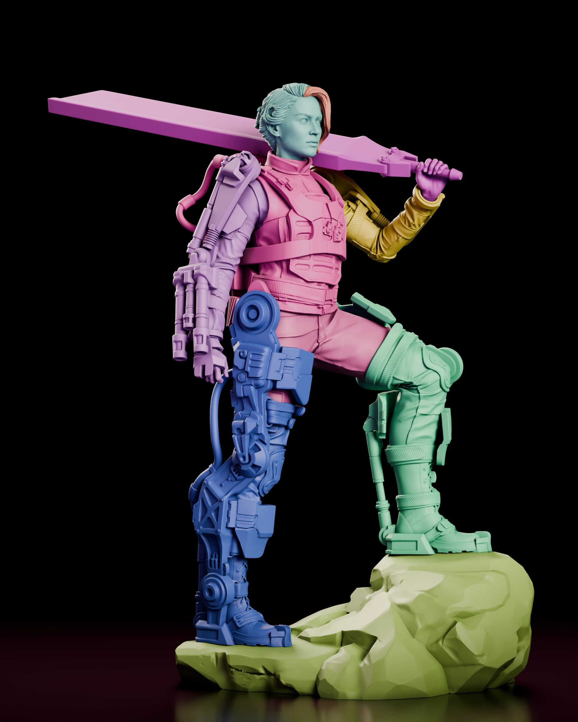 Parts breakdown of the Angel of Verdun - Rita Vrataski figure model kit with the head, torso, arms, rotor blade, exo-frame leg braces, backpack power unit and rock base shown in separate colours