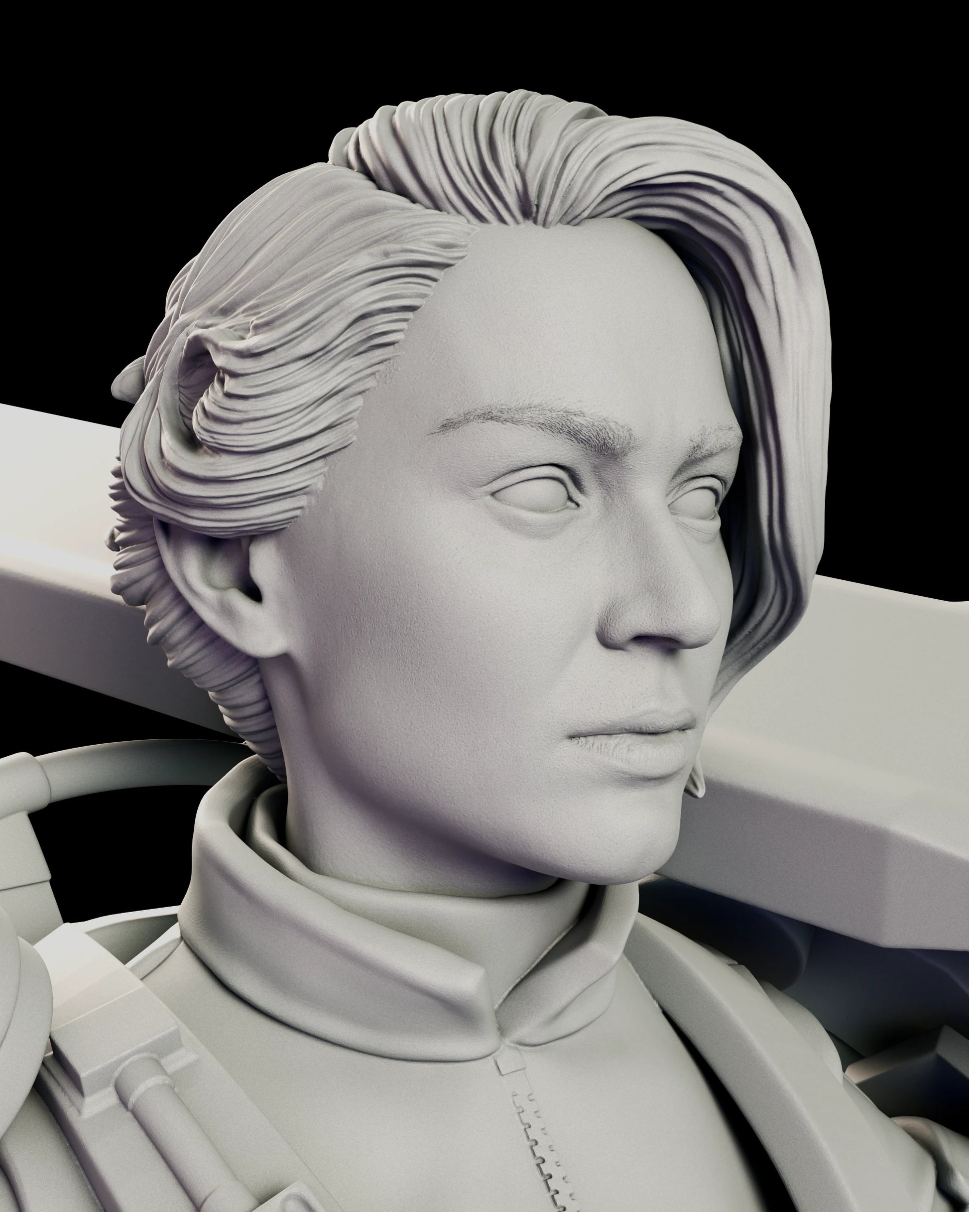 Portrait detail of the Angel of Verdun - Rita Vrataski figure model kit, showing the swept-back hair, the lined weather-beaten face and the raised collar of the undersuit