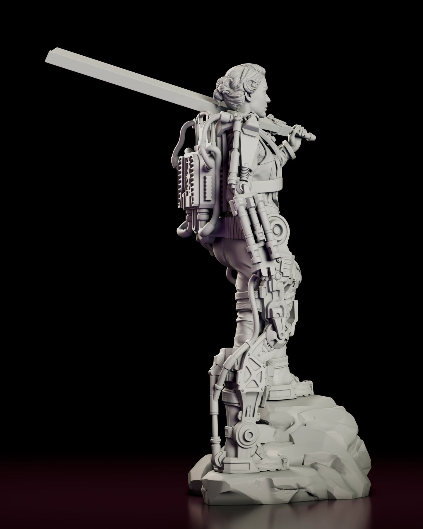 Right side view of the Angel of Verdun - Rita Vrataski figure model kit showing the ribbed backpack power unit, the looping hoses and the full length of the leg exo-frame in profile