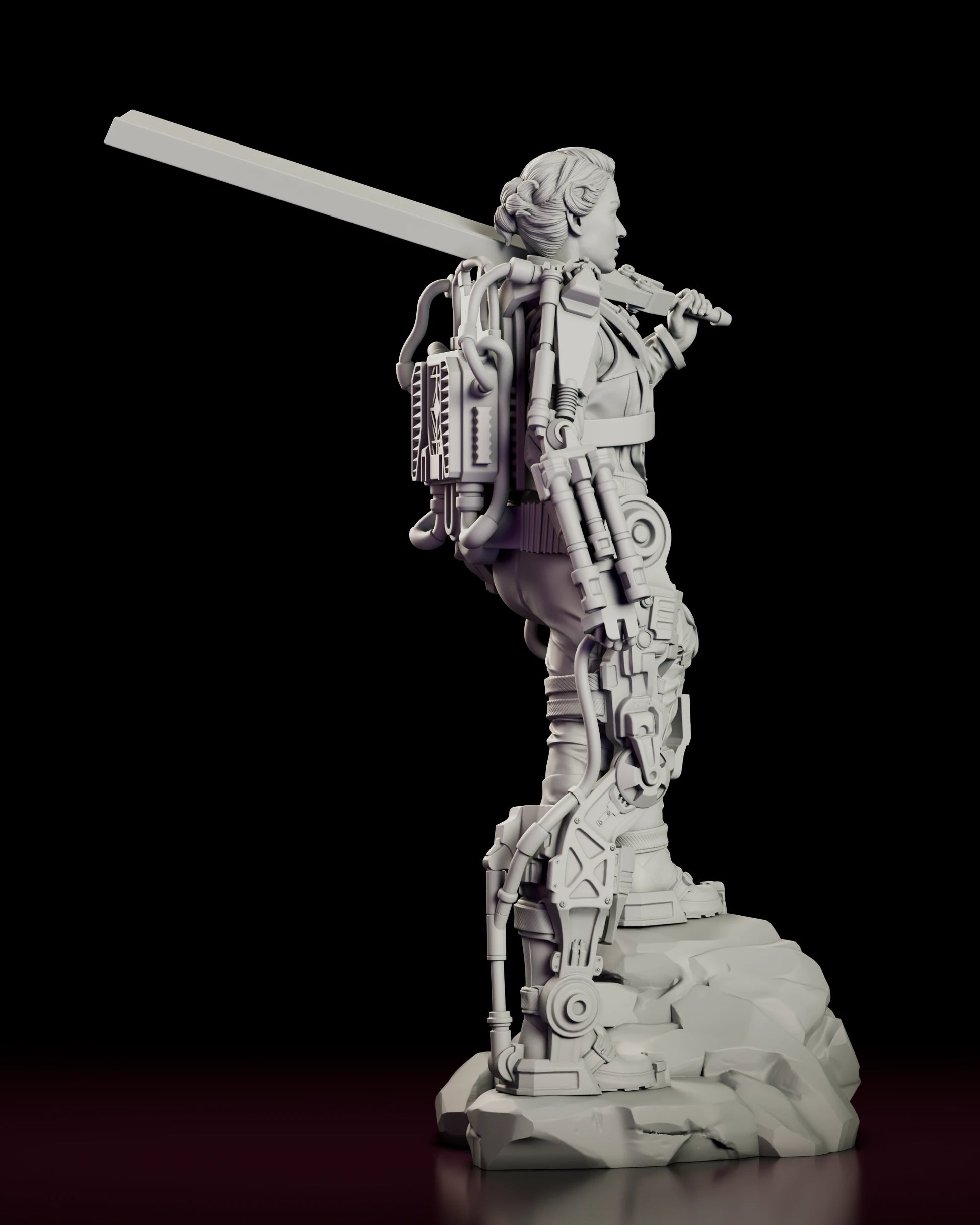 Right side view of the Angel of Verdun - Rita Vrataski figure model kit showing the ribbed backpack power unit, the looping hoses and the full length of the leg exo-frame in profile