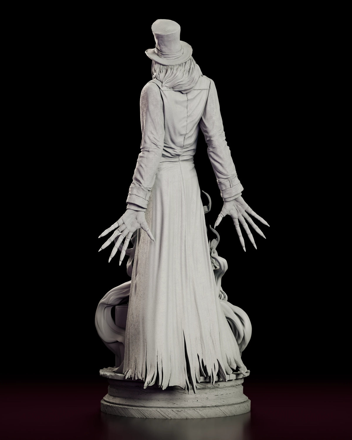 Rear view of the Babadook figure model kit showing the seamed back of the greatcoat, the shredded hem and both clawed hands reaching out from either side of the body