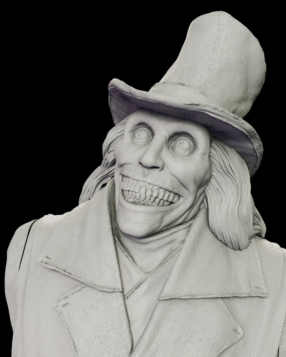 Portrait detail of the Babadook figure model kit with the chin raised, wide blank eyes and a stretched ear to ear grin beneath a battered stovepipe hat and straggling hair