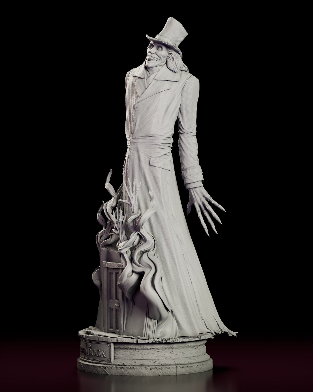 Left side view of the Babadook figure model kit with the long arm hanging forward, the coat folds falling the full height of the figure and the doorway base at his feet