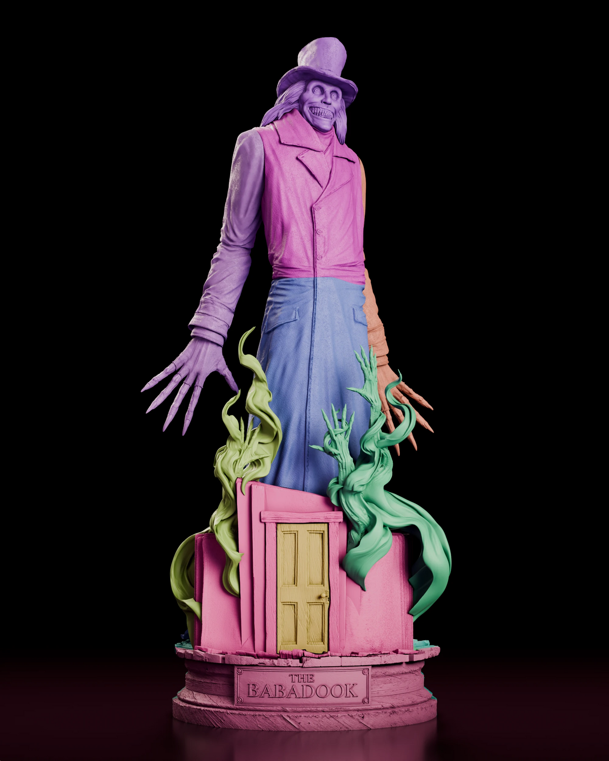 Parts breakdown of the Babadook figure model kit with the hatted head, coat torso, separate arms, lower coat, shadow tendrils and doorway base each shown in a different colour