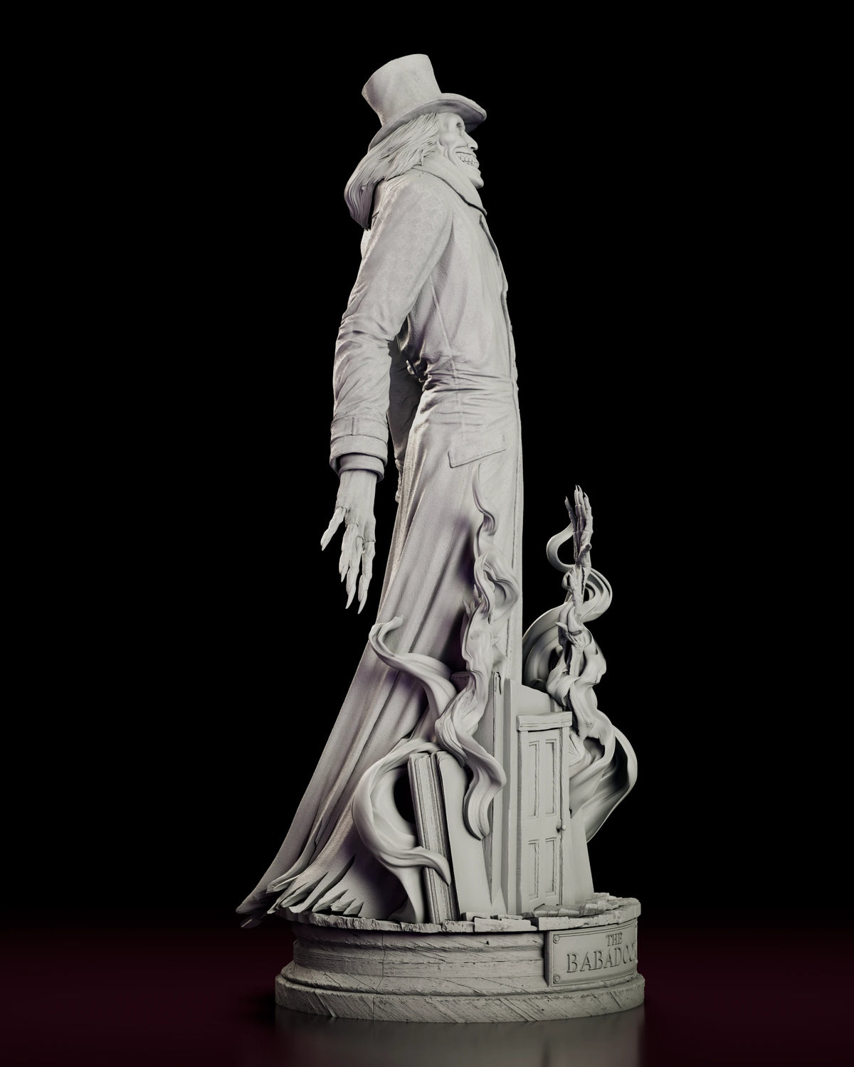 Right side view of the Babadook figure model kit showing the narrow silhouette in profile, the sweep of the coat down to its ragged hem and the door standing ajar behind the shadow tendrils