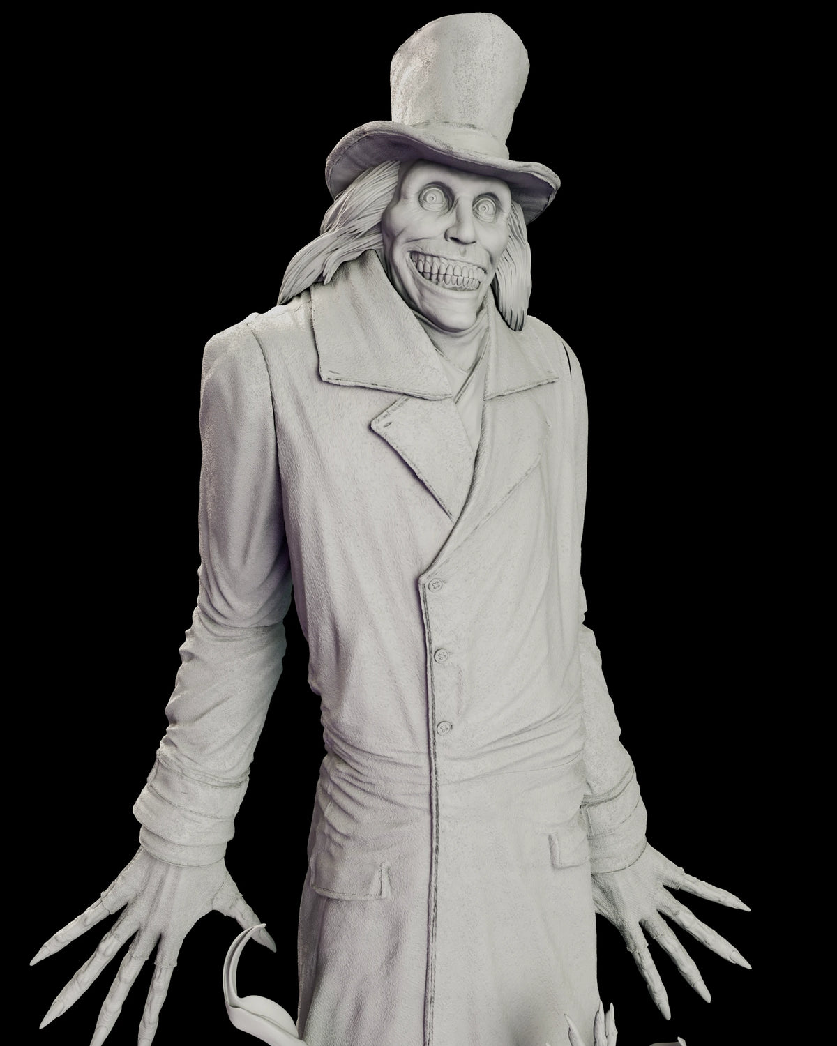 Upper body detail of the Babadook figure model kit showing the notched lapels and buttoned front of the greatcoat, the turned cuffs and the elongated needle-pointed fingers spread at either side