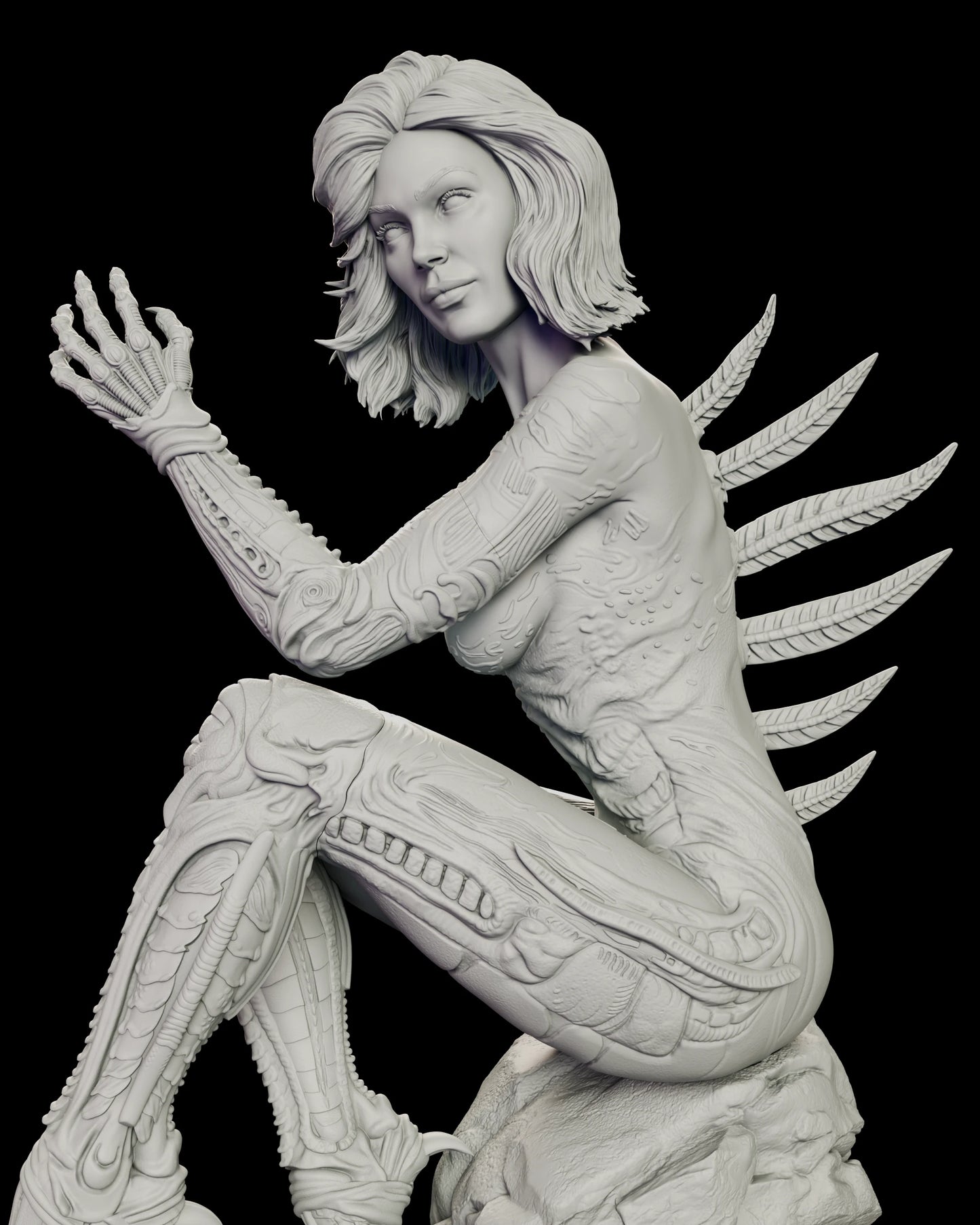 Close view of Sil's biomechanical anatomy, showing ribbed plating along the thigh, cabled forearm and curved dorsal spines