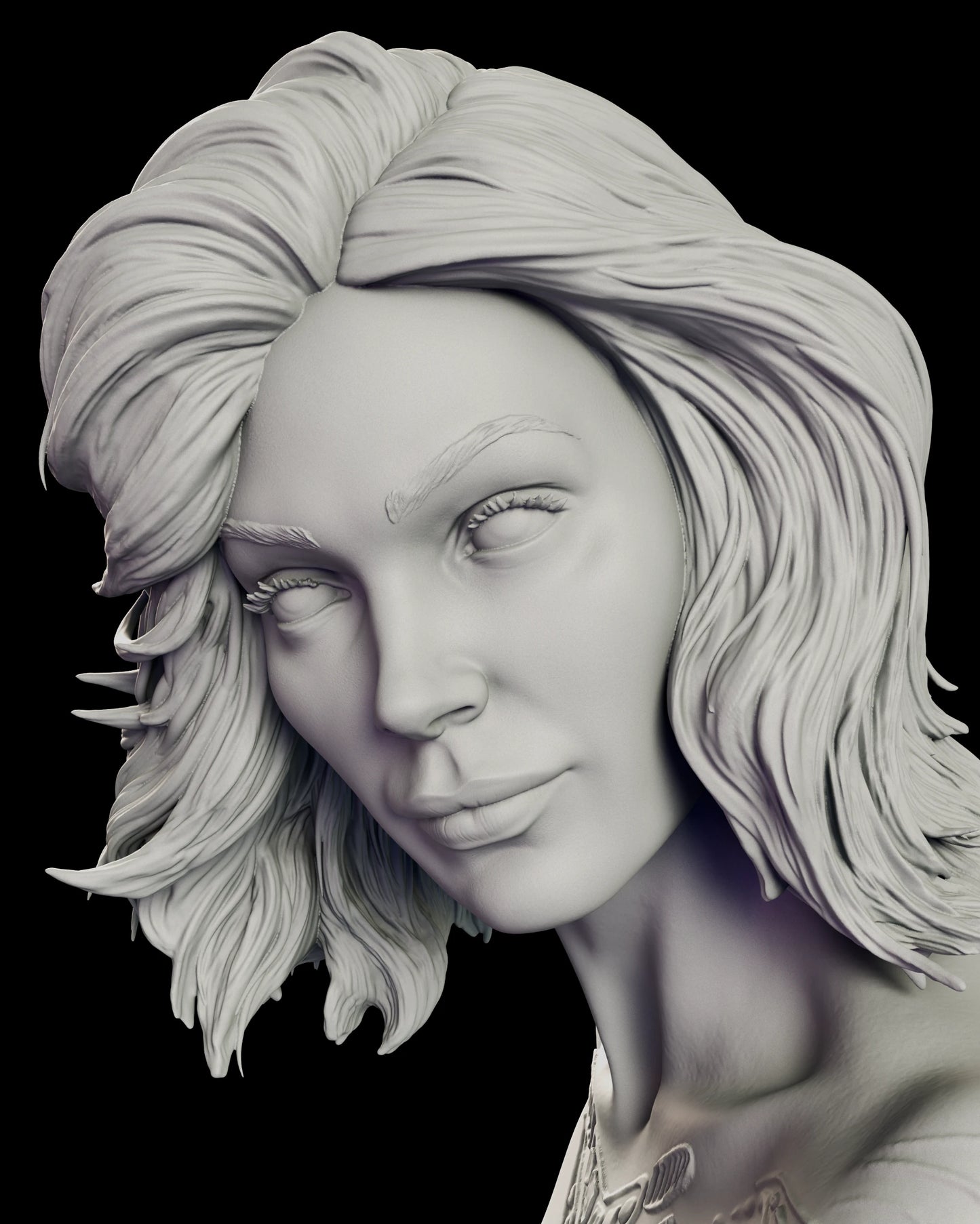 Portrait detail of Sil's human face with half-lidded eyes, a faint smile and alien tendrils emerging at the temple