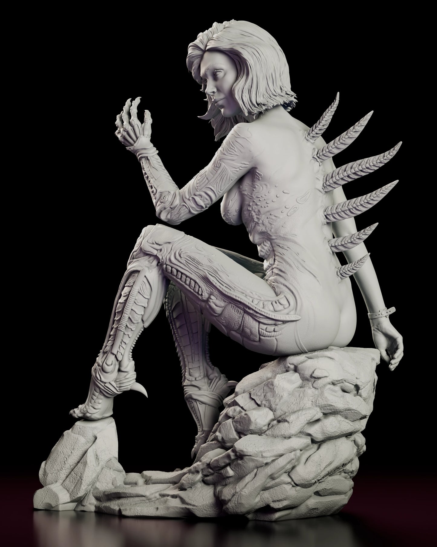 Left side view of the Sil resin model with the braced clawed foot and fractured stone base