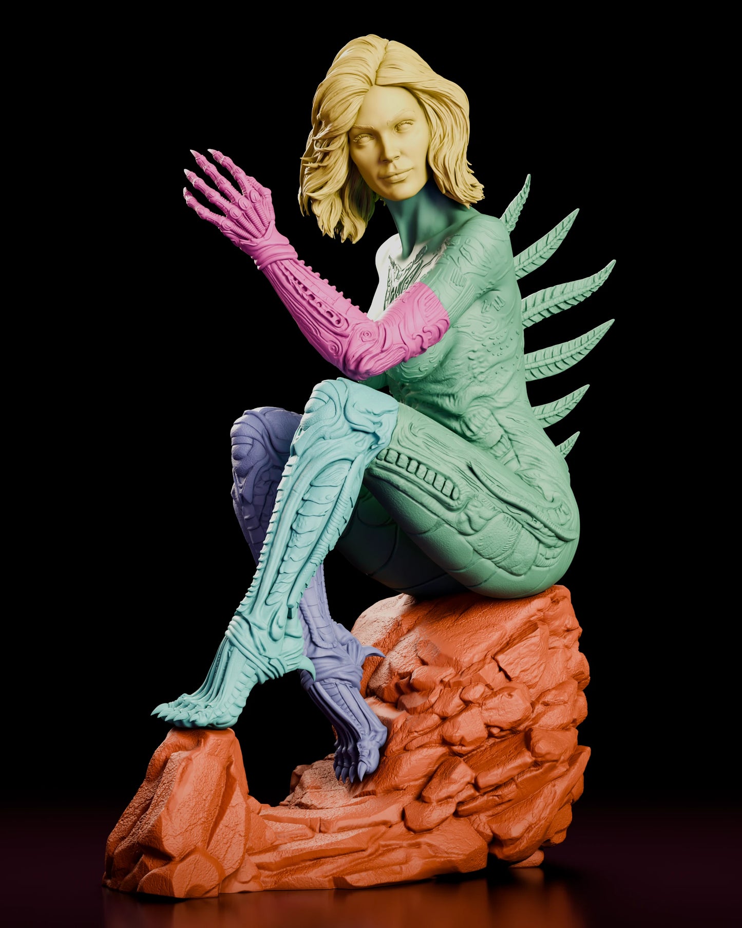 Parts breakdown of the Sil resin kit with the head, torso, arm, legs and rock base shown in separate colours