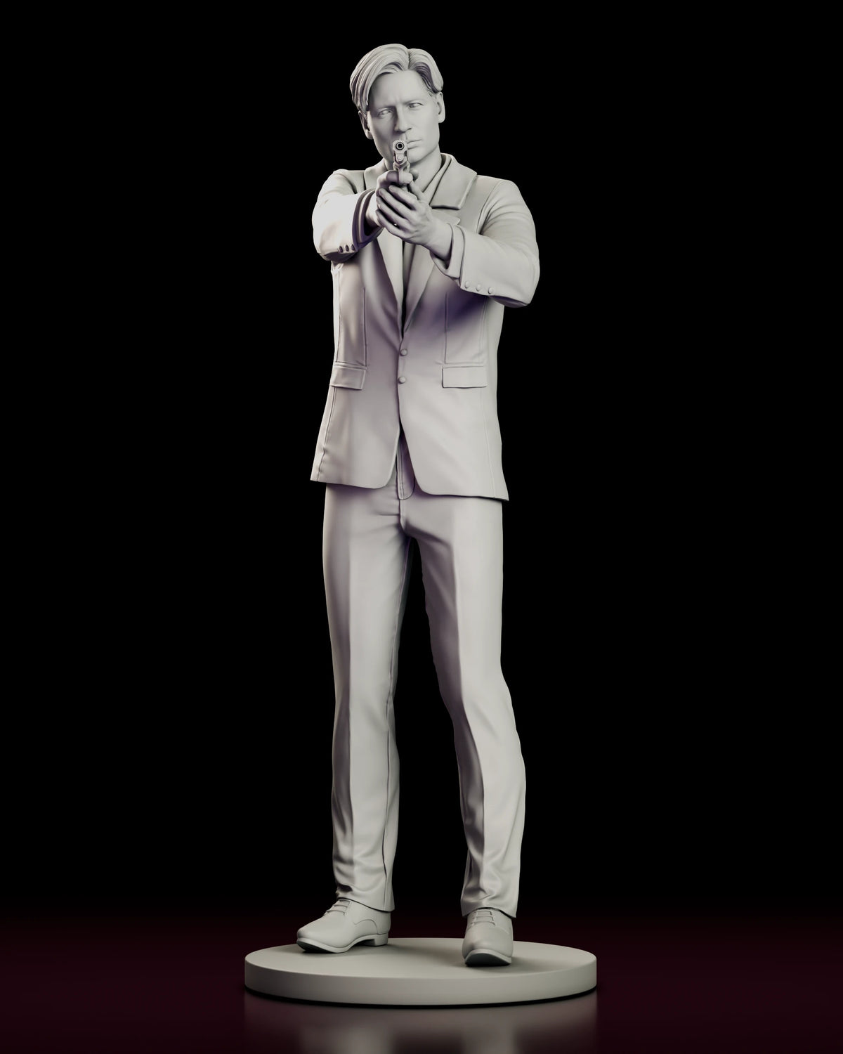 Front view of the Fox Mulder figure model kit aiming a pistol straight ahead in a two-button suit