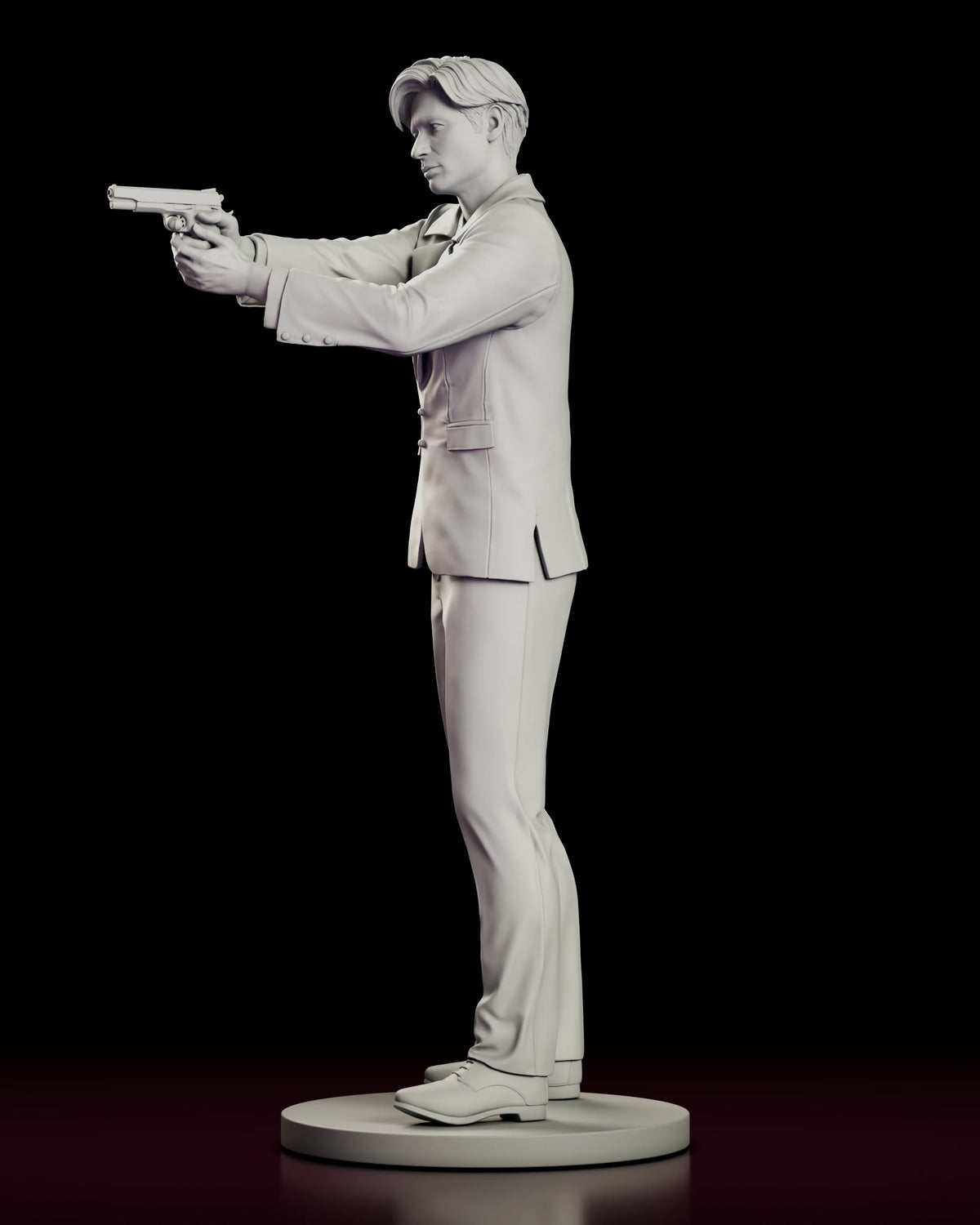 Left side view of the Fox Mulder resin model showing the jacket side vent, flap pocket and two-handed aim