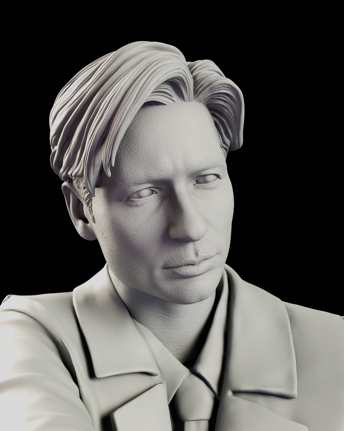 Portrait detail of the Fox Mulder likeness with hair falling across the brow and light stubble