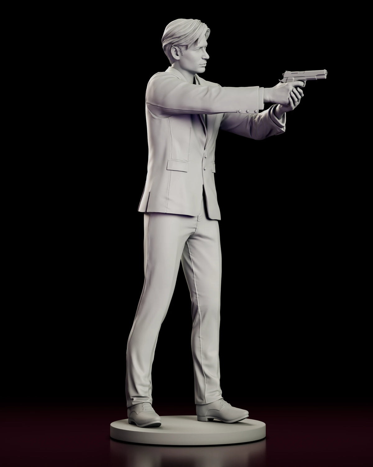 Right side view of the Fox Mulder resin model with both arms extended and the pistol held at eye level