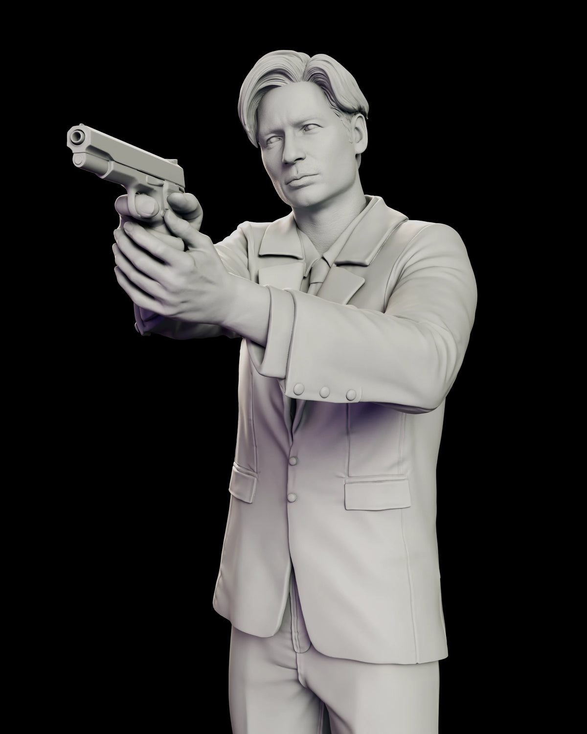 Detail of Fox Mulder holding a pistol in a two-handed grip, showing the suit lapels, tie and three-button cuff