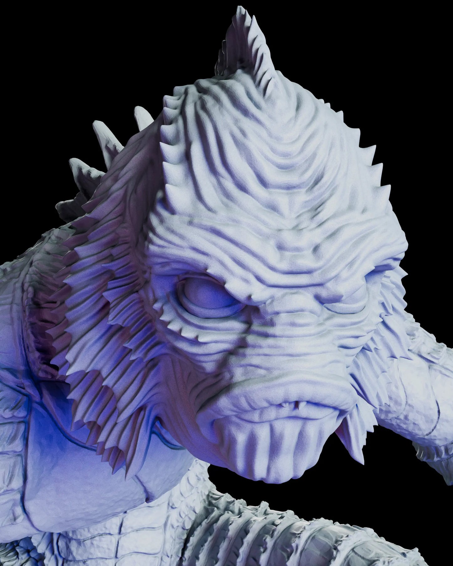 Alternate head portrait for The Creature figure model kit featuring a closed-mouth expression with heavy brow ridges and detailed amphibious facial texture.