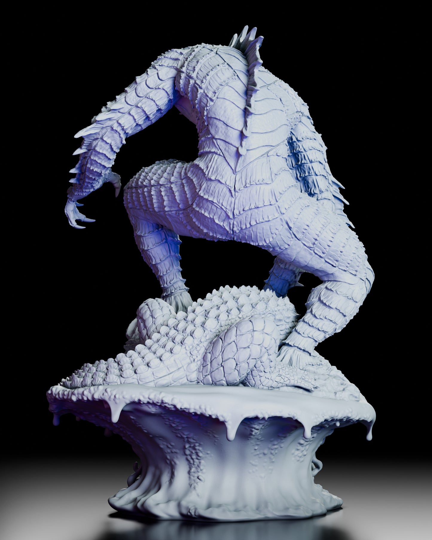Back view of The Creature figure model kit highlighting the layered scale texture, curved tail, spine fins, and swamp-themed display base.