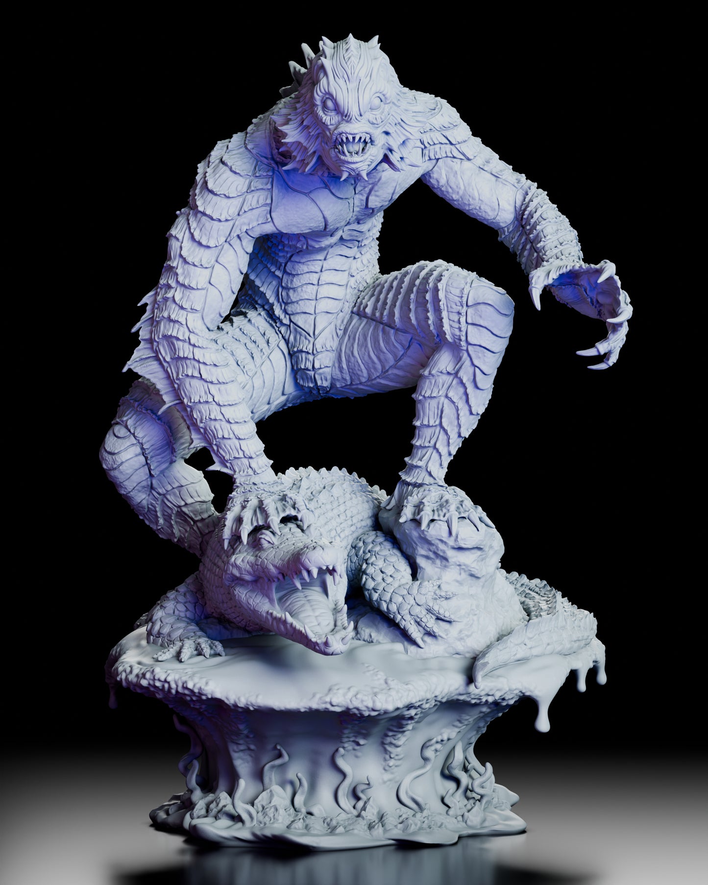 Front view of The Creature figure model kit standing over a crocodilian swamp base with claws extended and scaled body fully visible.