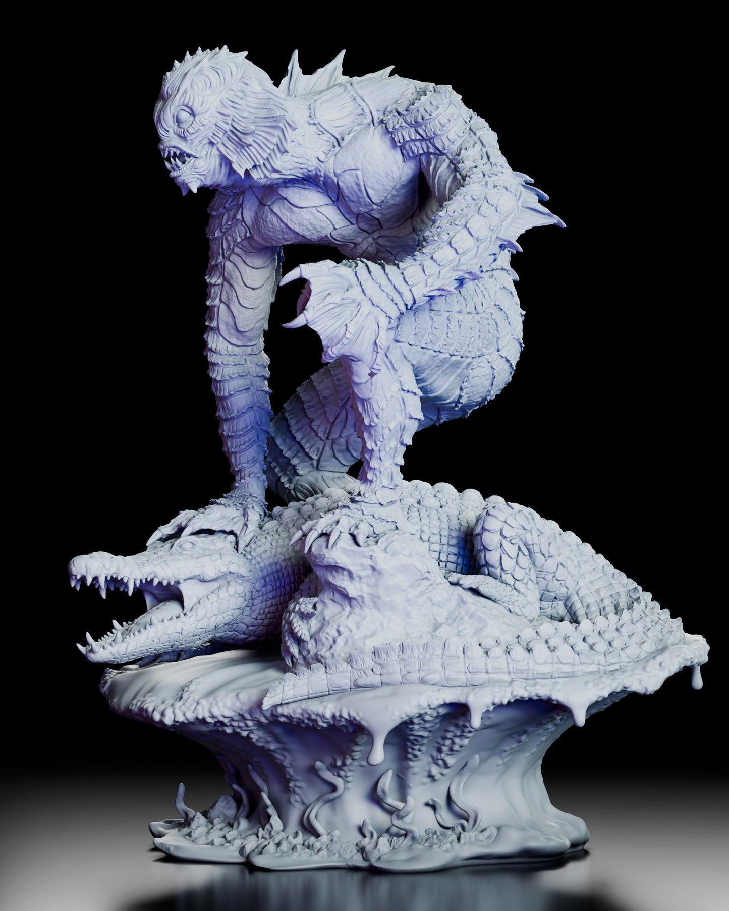 Left side view of The Creature figure model kit perched above a snarling crocodilian with dramatic profile and textured aquatic anatomy.