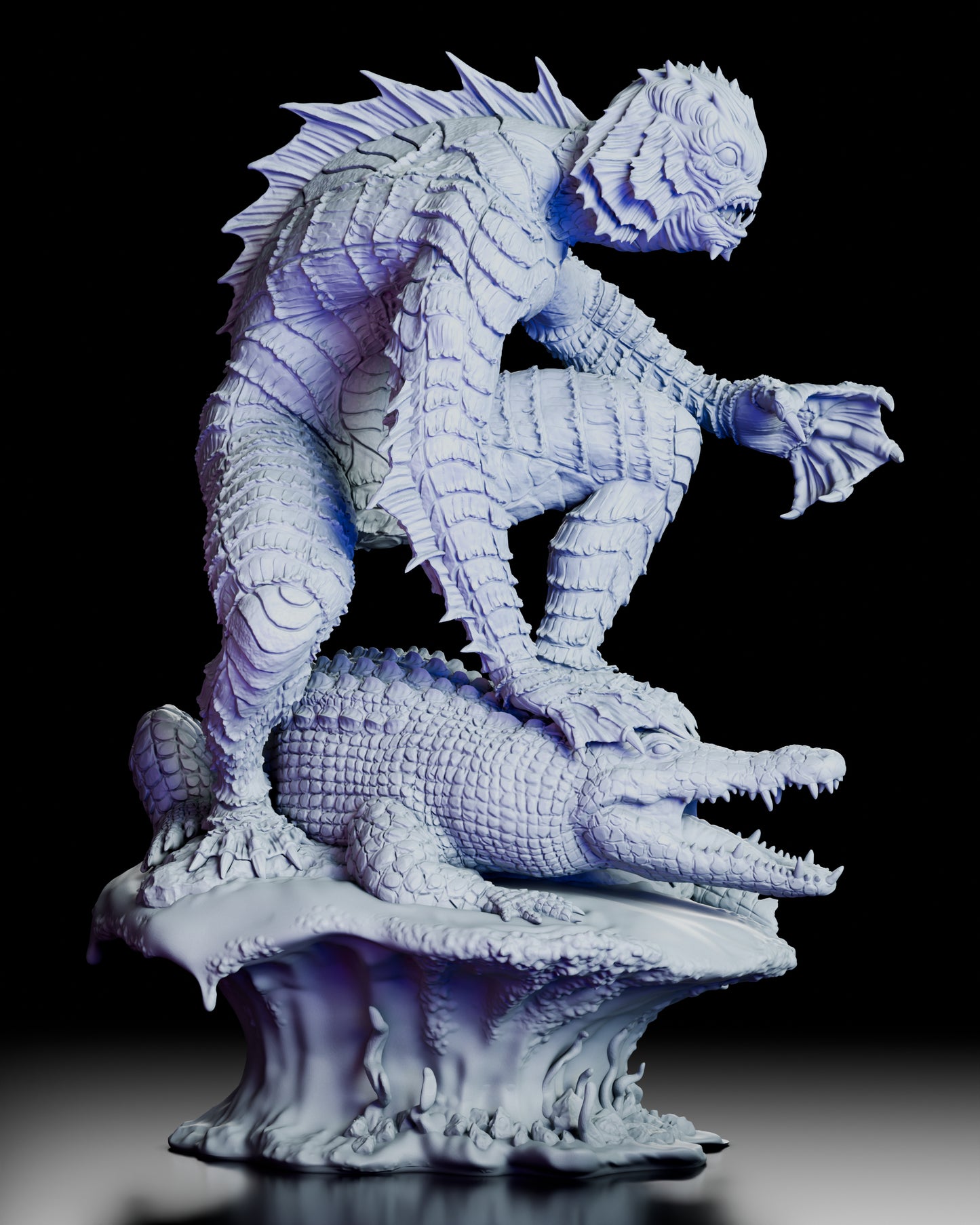 Right side view of The Creature figure model kit showing the crouched pose, dorsal fins, scaled limbs, and reptilian base details.