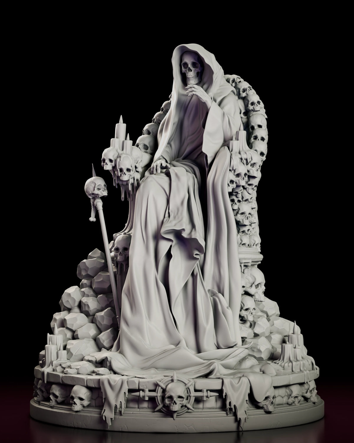 Front view of the Crimson King figure model kit seated on a throne of skulls on a round base with candles, boulders and a spiked skull emblem