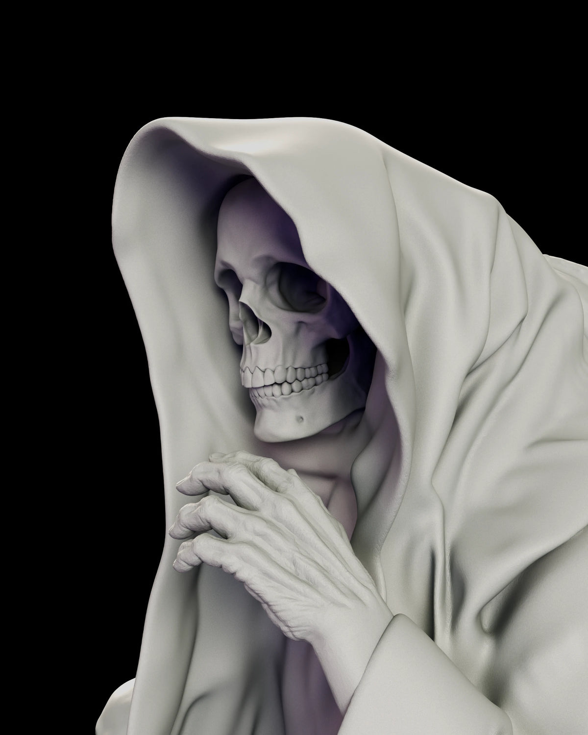 Portrait of the Crimson King figure model kit showing the grinning skull inside the deep hood and the wrinkled hand raised beneath the jaw