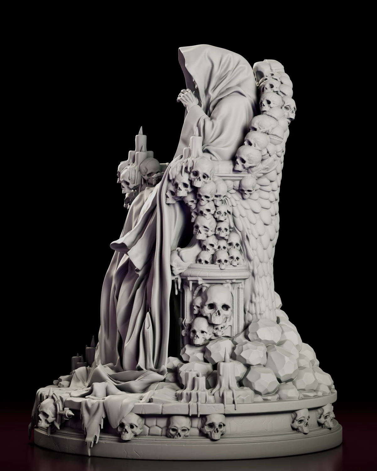 Left side view of the Crimson King figure model kit showing the hooded profile, raised hands and skulls stacked down the side of the throne