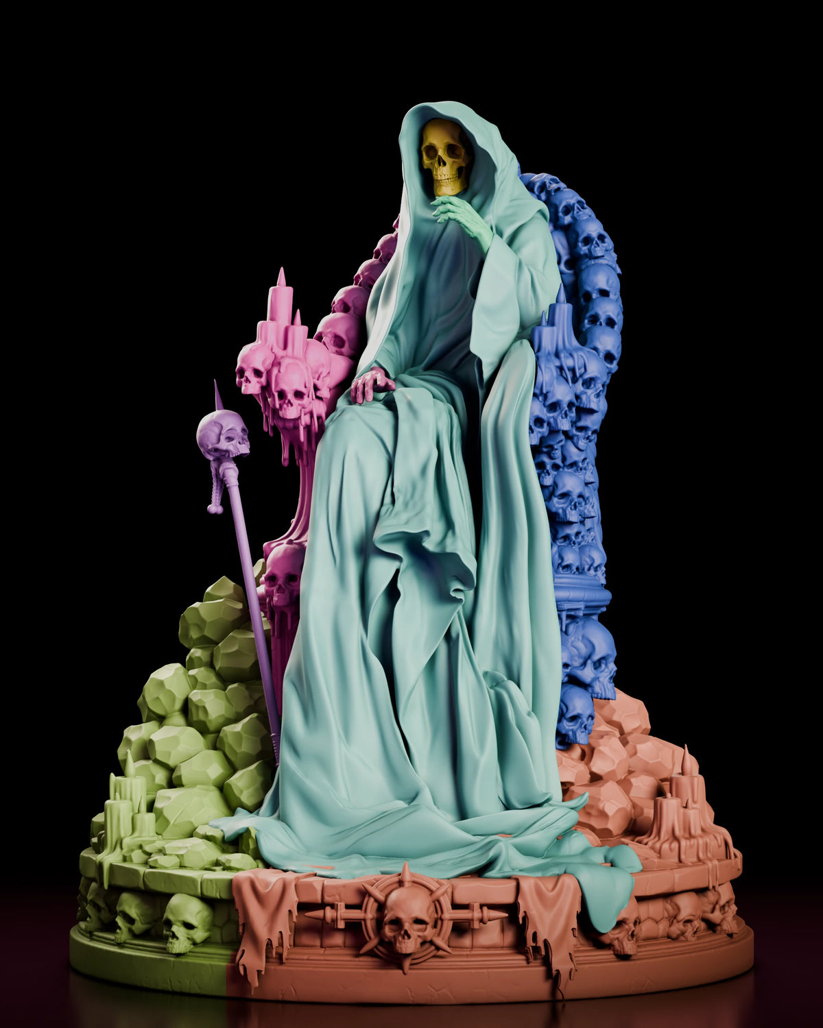 Parts breakdown of the Crimson King figure model kit showing the figure, head, hand, throne sections, staff, boulders and base as separate pieces