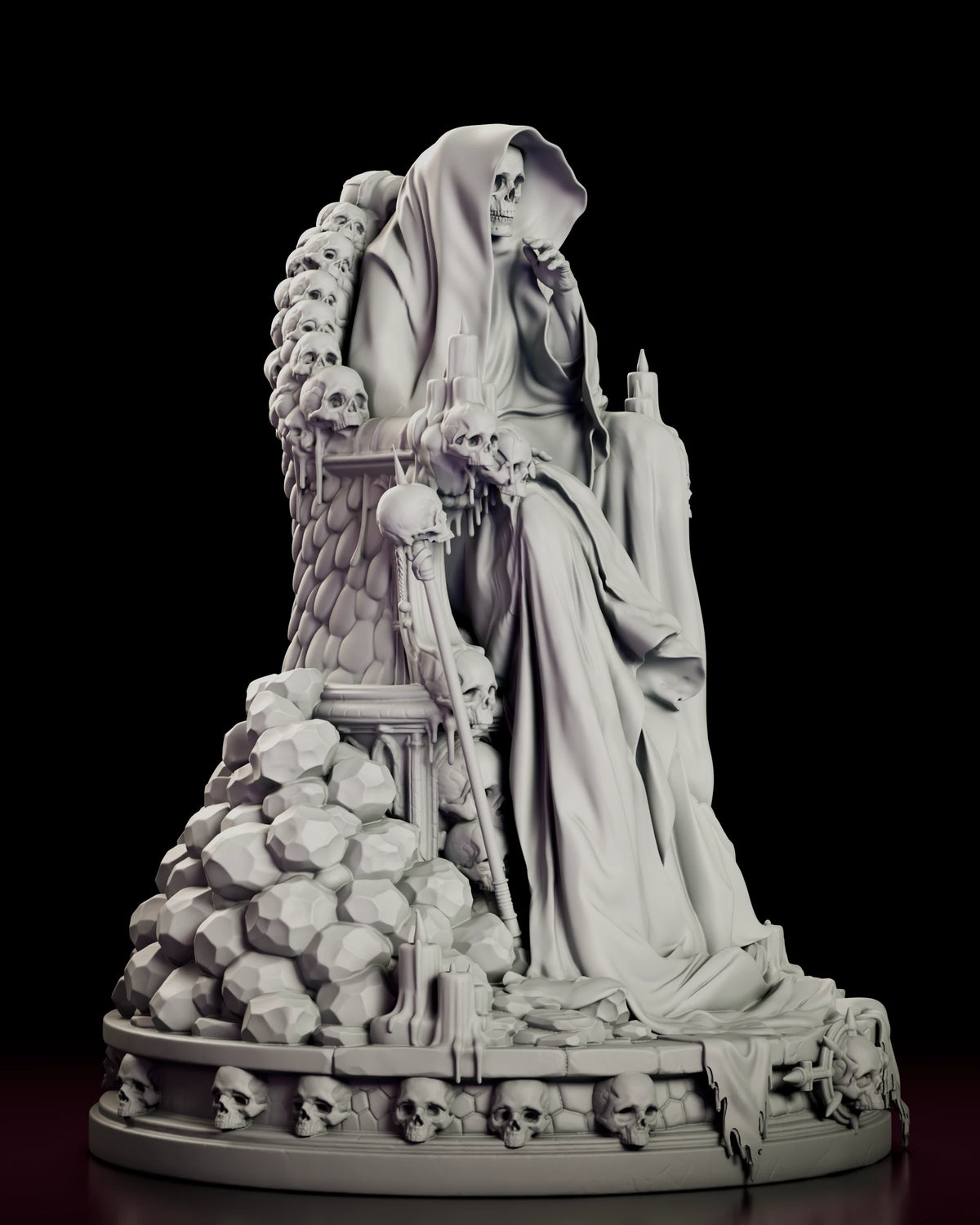 Right side view of the Crimson King figure model kit showing the skull-topped staff, a heap of boulders and skulls set into the base rim