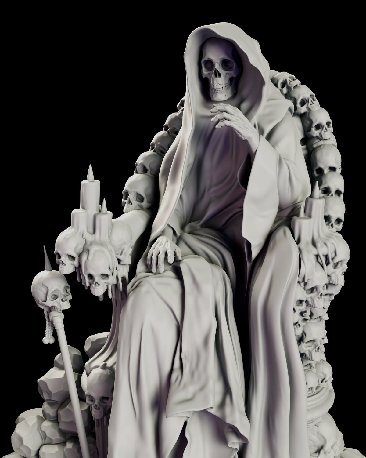 Close view of the Crimson King figure model kit seated on his skull throne with one hand raised to his chin and candles dripping over the armrests