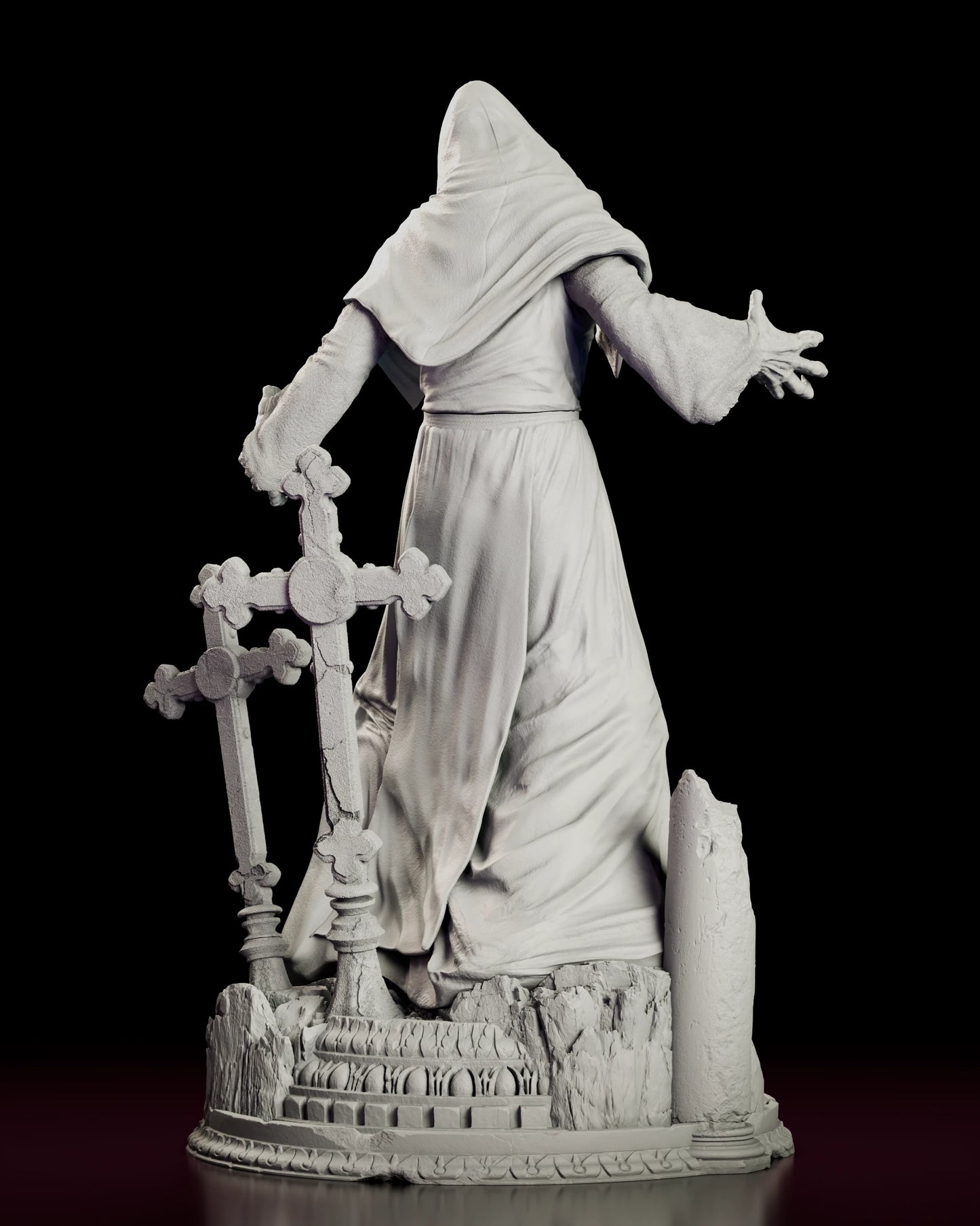 Rear view of the Valak figure model kit showing the draped hood and cape over the long robe with the grave crosses and snapped pillar beside her