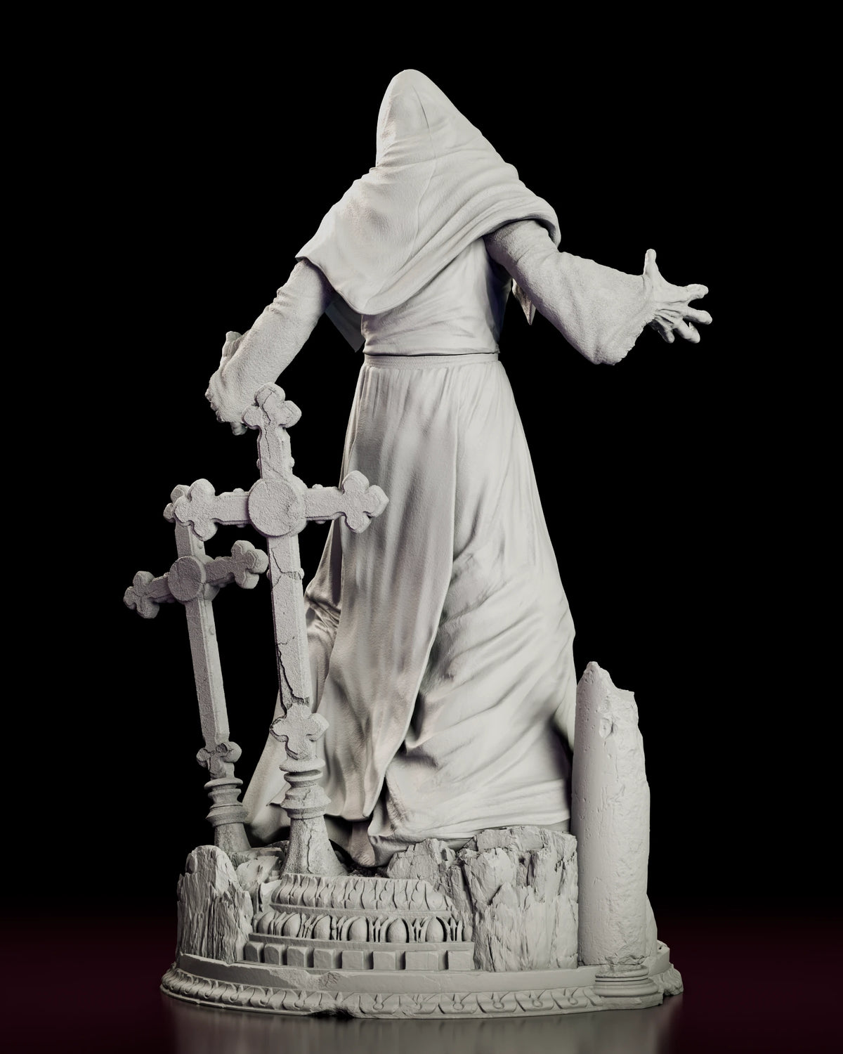 Rear view of the Valak figure model kit showing the draped hood and cape over the long robe with the grave crosses and snapped pillar beside her
