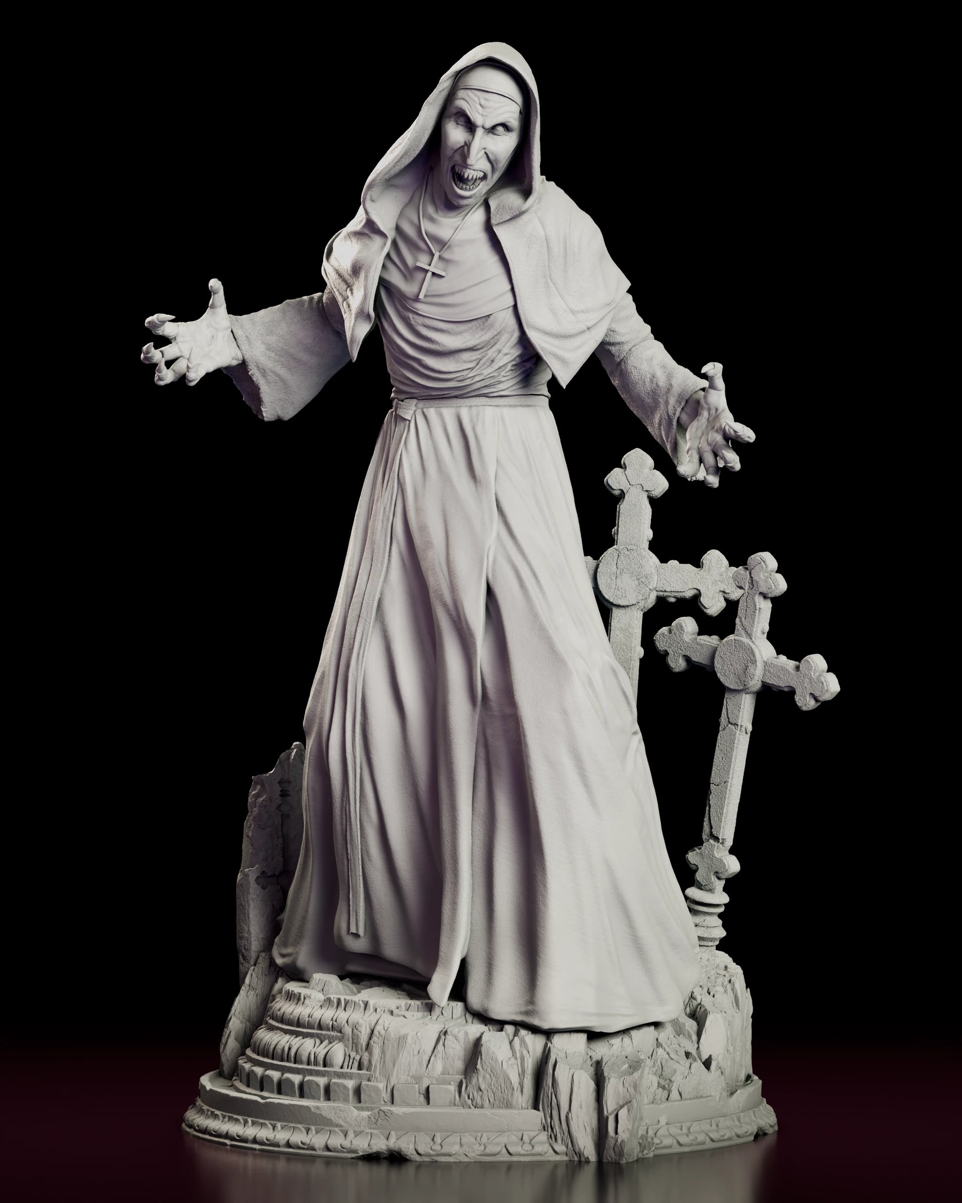 Front view of the Valak figure model kit standing in full habit with both arms thrown open above a cracked stone graveyard base