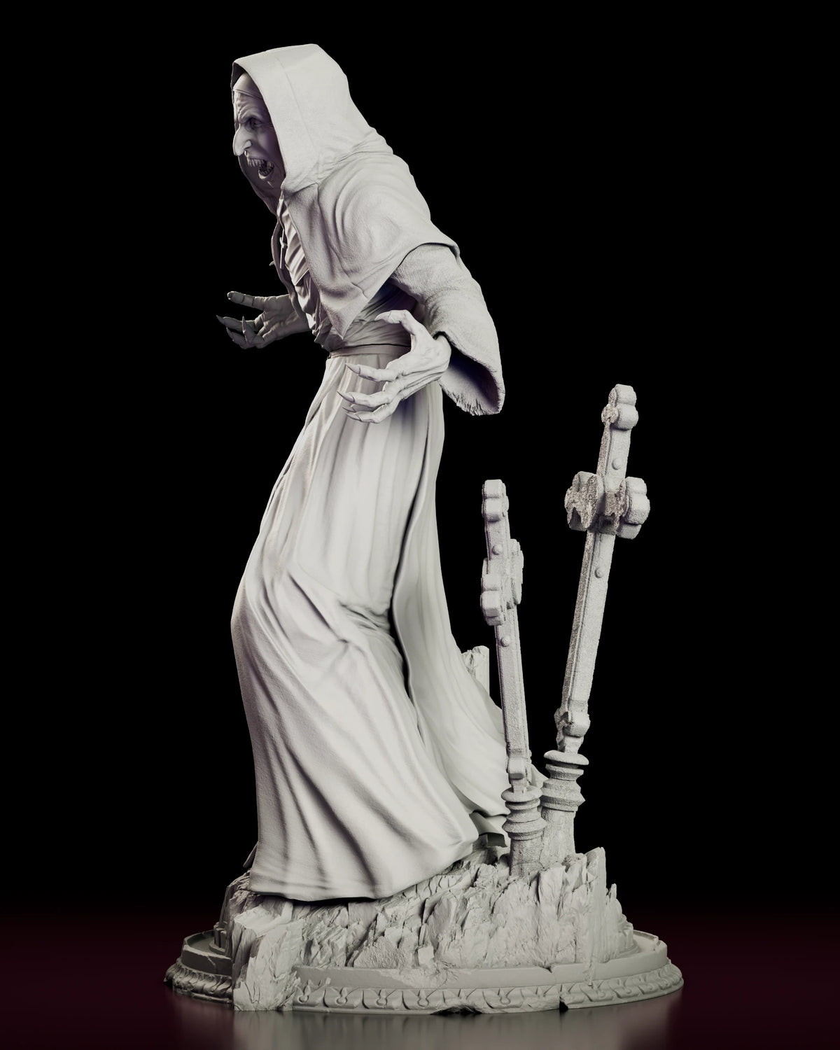 Left side view of the Valak figure model kit showing the shoulder cape, the outstretched clawed hand and the broken masonry underfoot