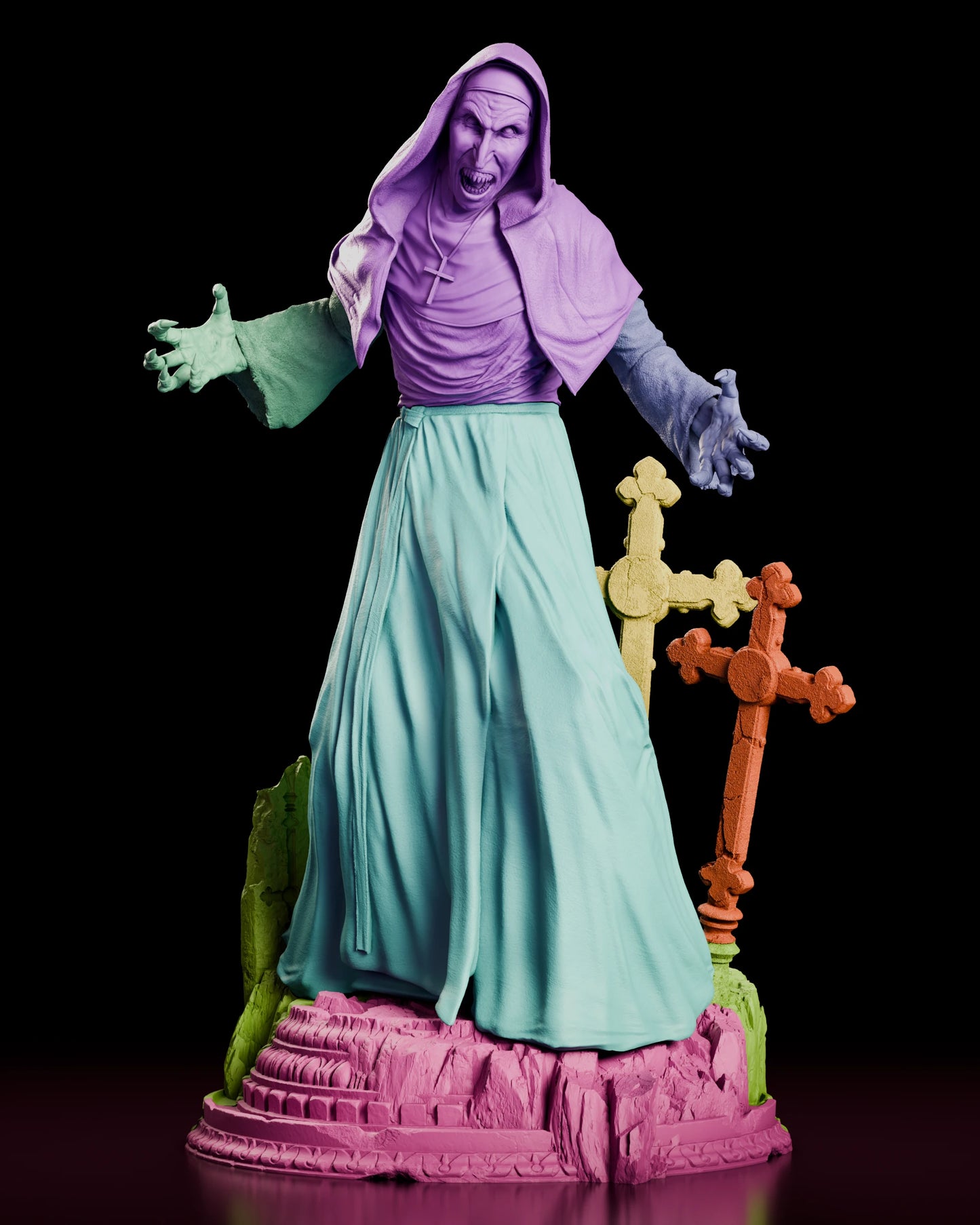 Parts breakdown render of the Valak figure model kit showing the head, hooded torso, both arms, the robed lower body and the graveyard base as separate components