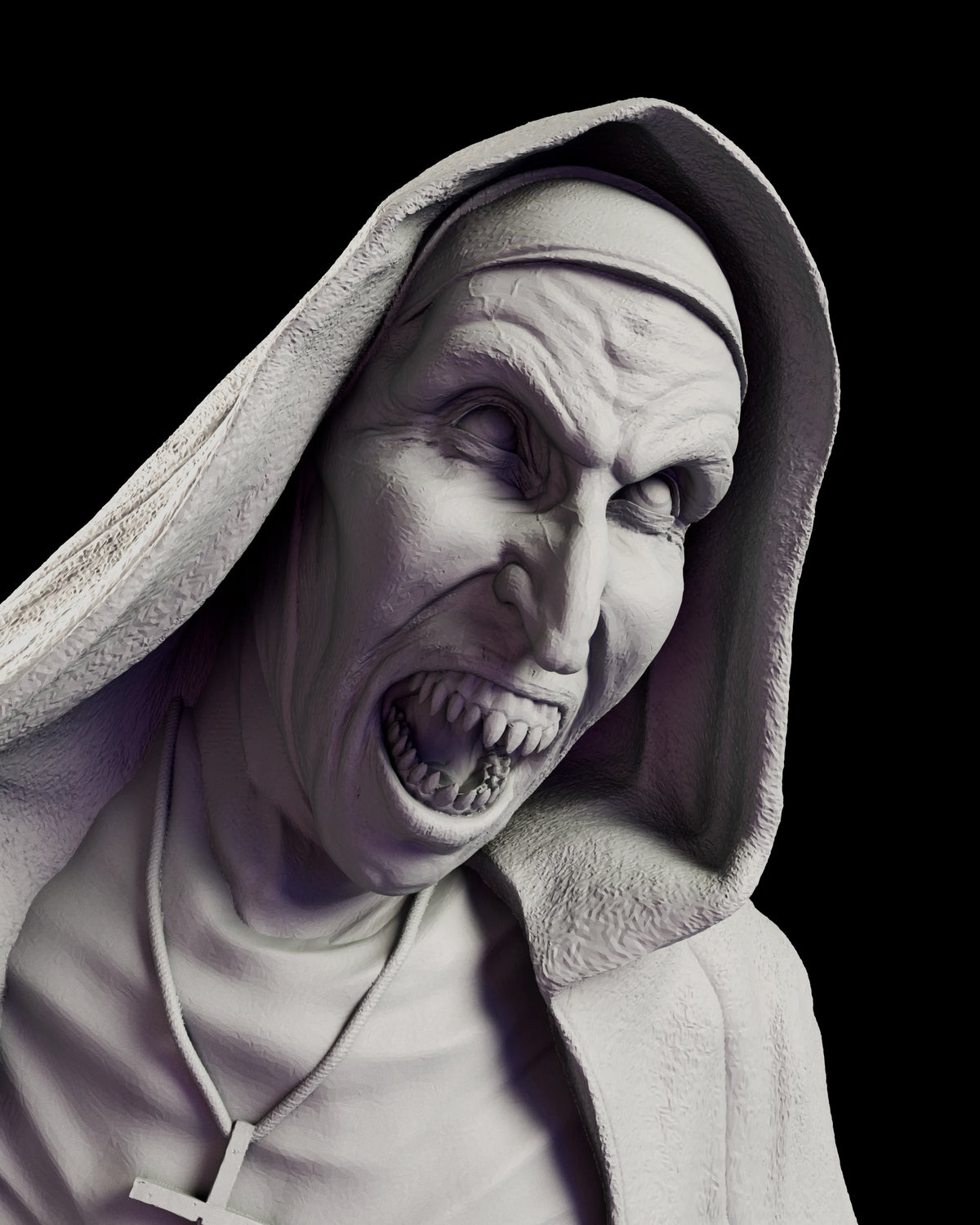 Portrait of the Valak figure model kit showing the furrowed brow and sunken eyes under the wimple above a wide mouth crowded with pointed teeth