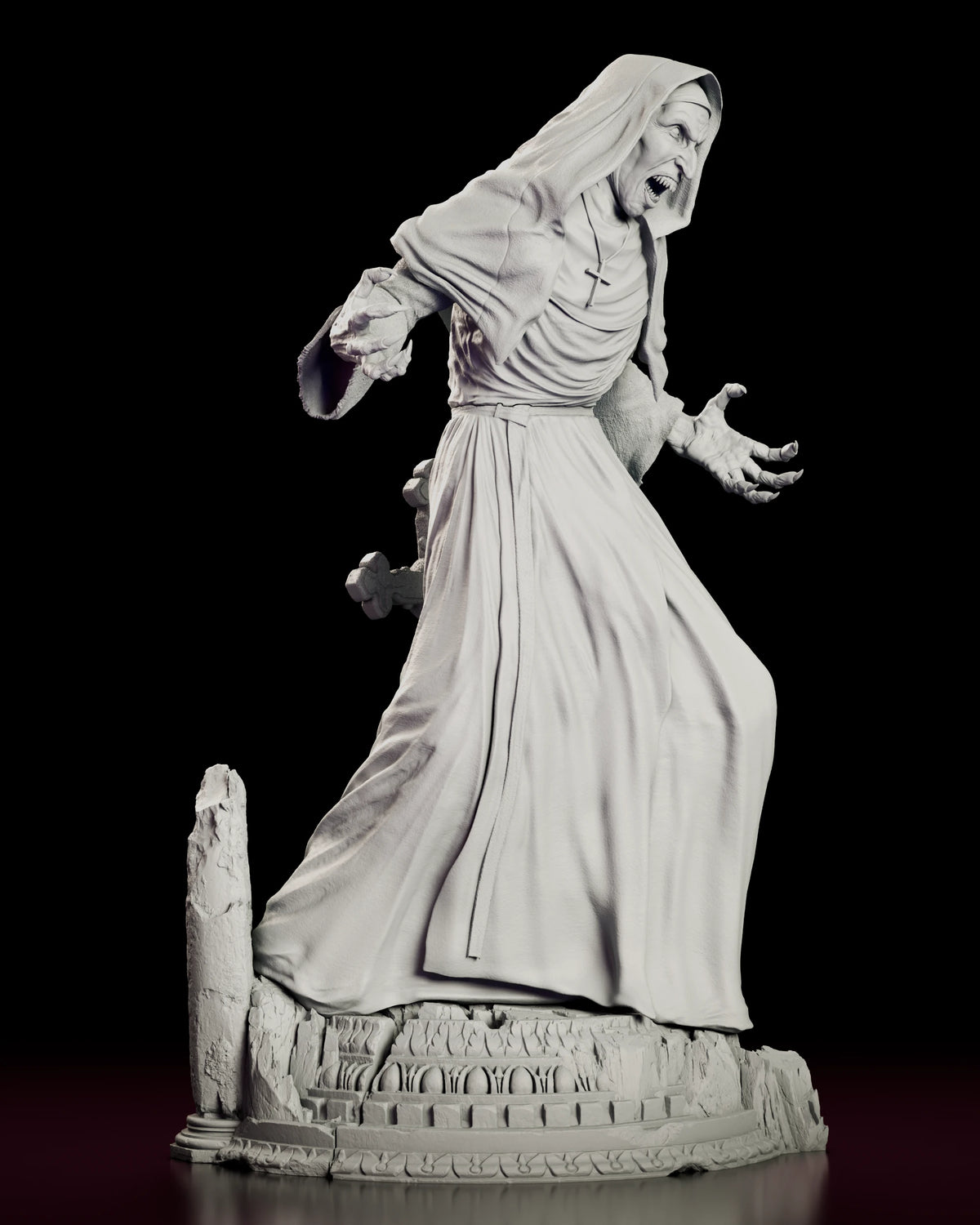 Right side view of the Valak figure model kit showing the fall of the robe and the two leaning stone crosses set into the base