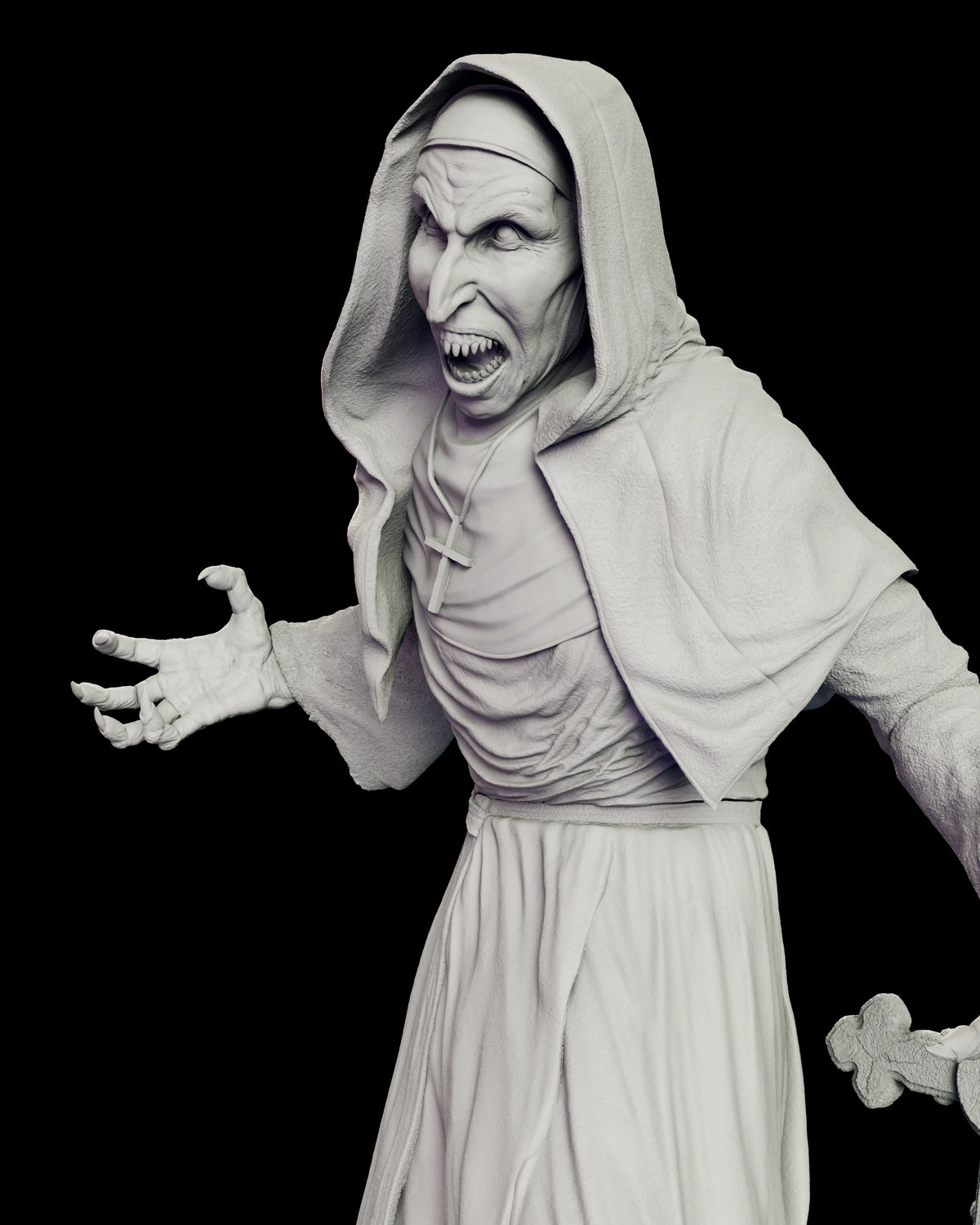 Upper body detail of the Valak figure model kit showing the snarling mouth of pointed teeth, the hanging crucifix and the long hooked nails of one outstretched hand