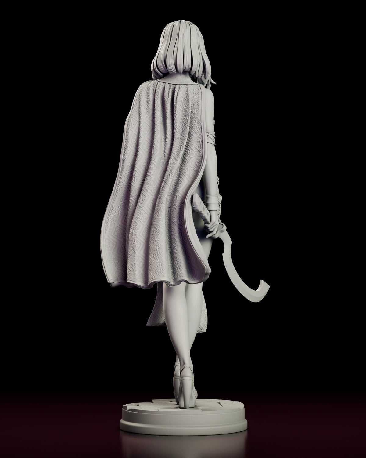 Back view of the Desert Assassin Zahara figure model kit showing the full length of the geometric patterned cloak and the wrapped sword hilt