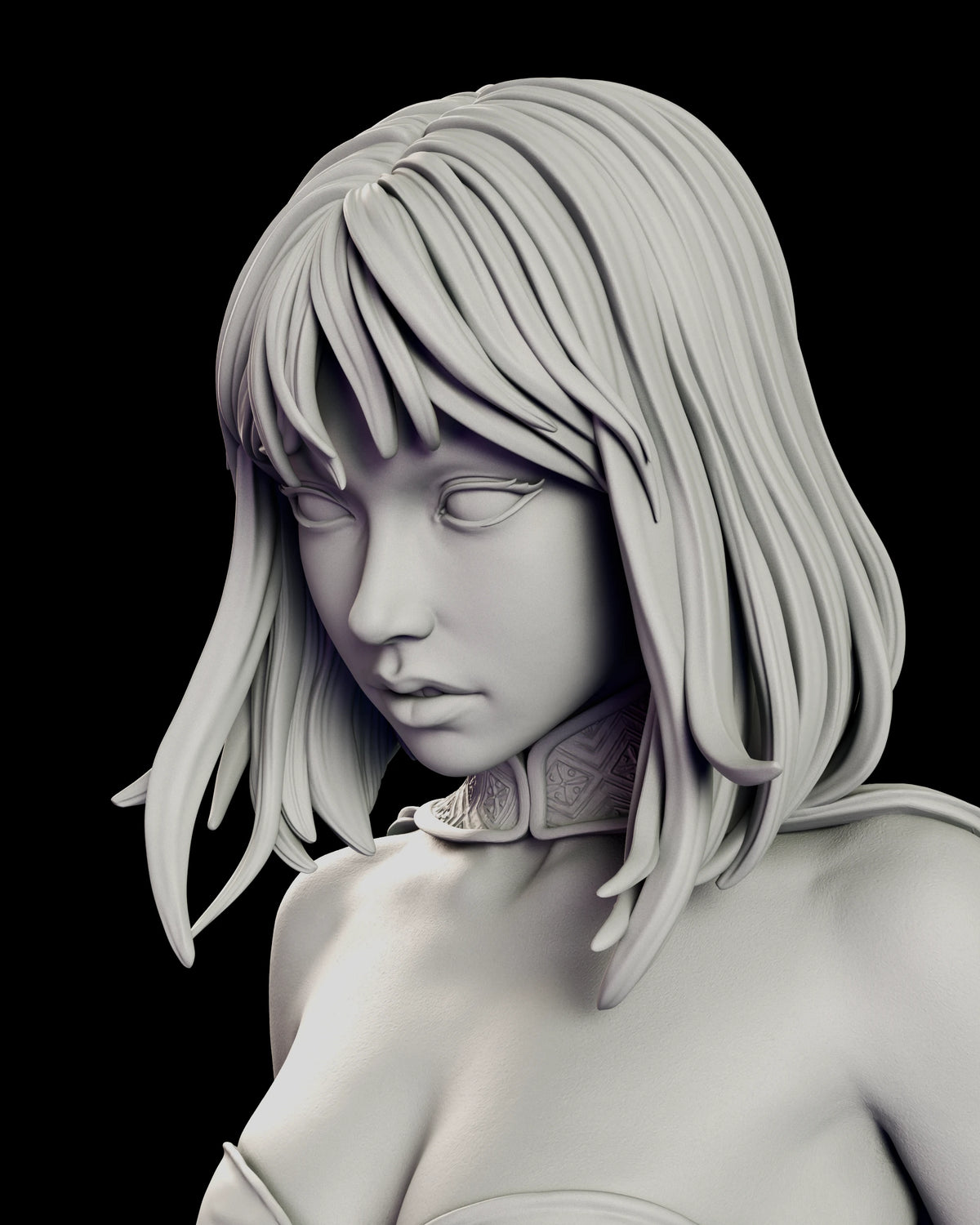 Portrait of the Desert Assassin Zahara figure model kit showing her downcast face, blunt-cut bob and engraved high collar