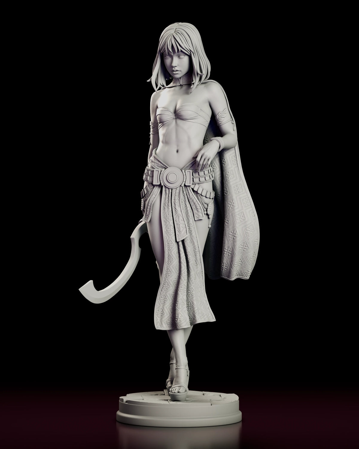 Front view of the Desert Assassin Zahara figure model kit walking forward with a crescent sword held low and a patterned cloak over her shoulder