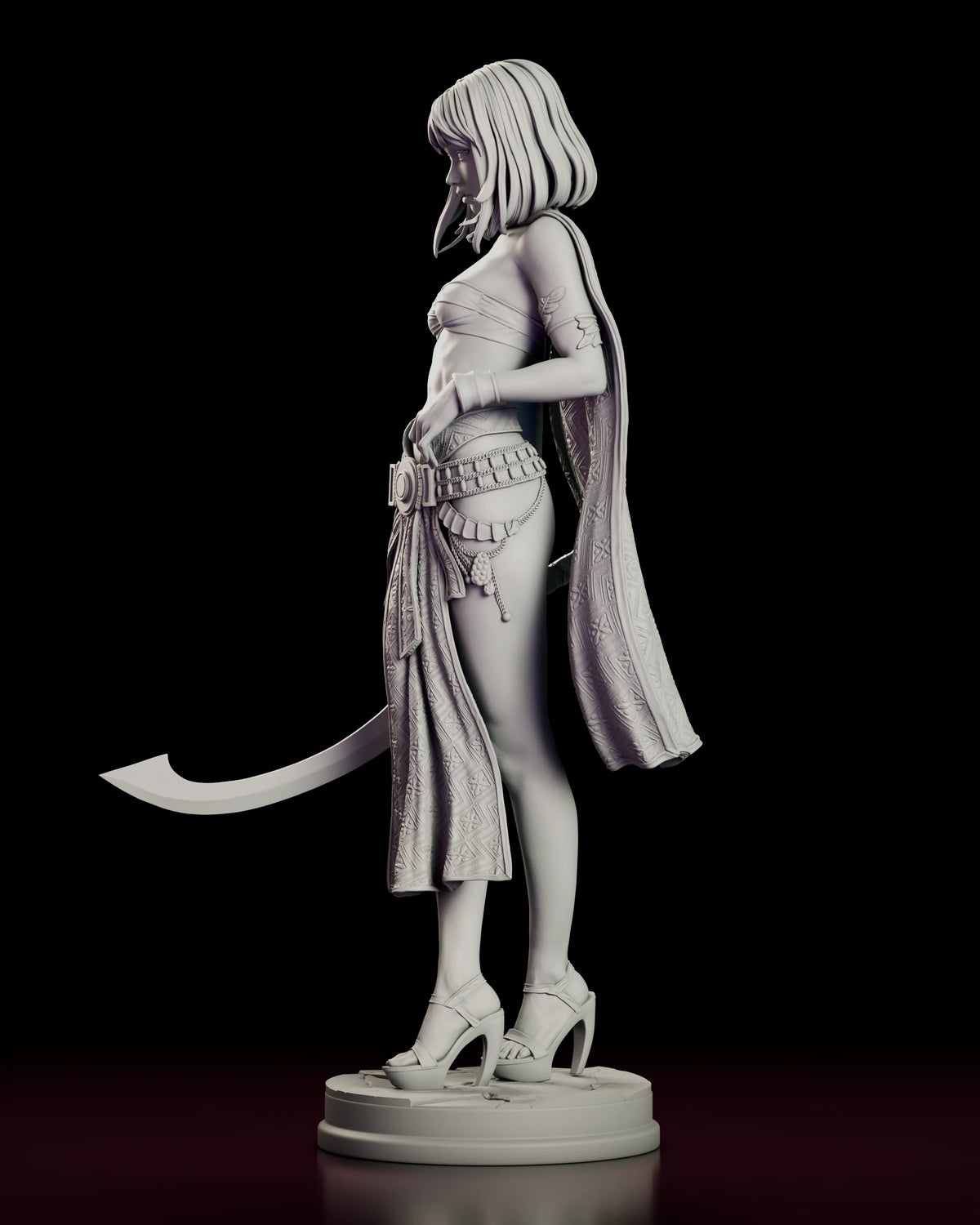 Left side view of the Desert Assassin Zahara figure model kit showing the cloak falling from her shoulder and the crescent sword at her side