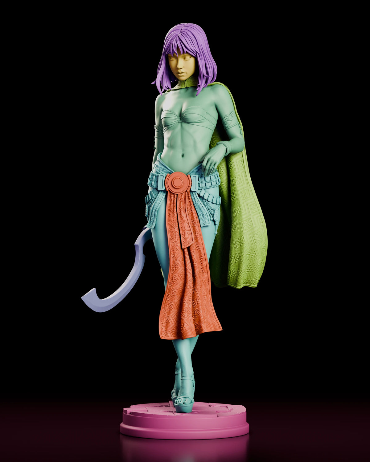 Parts breakdown of the Desert Assassin Zahara figure model kit with the hair, body, cloak, sash, crescent sword and base shown as separate colour-coded pieces