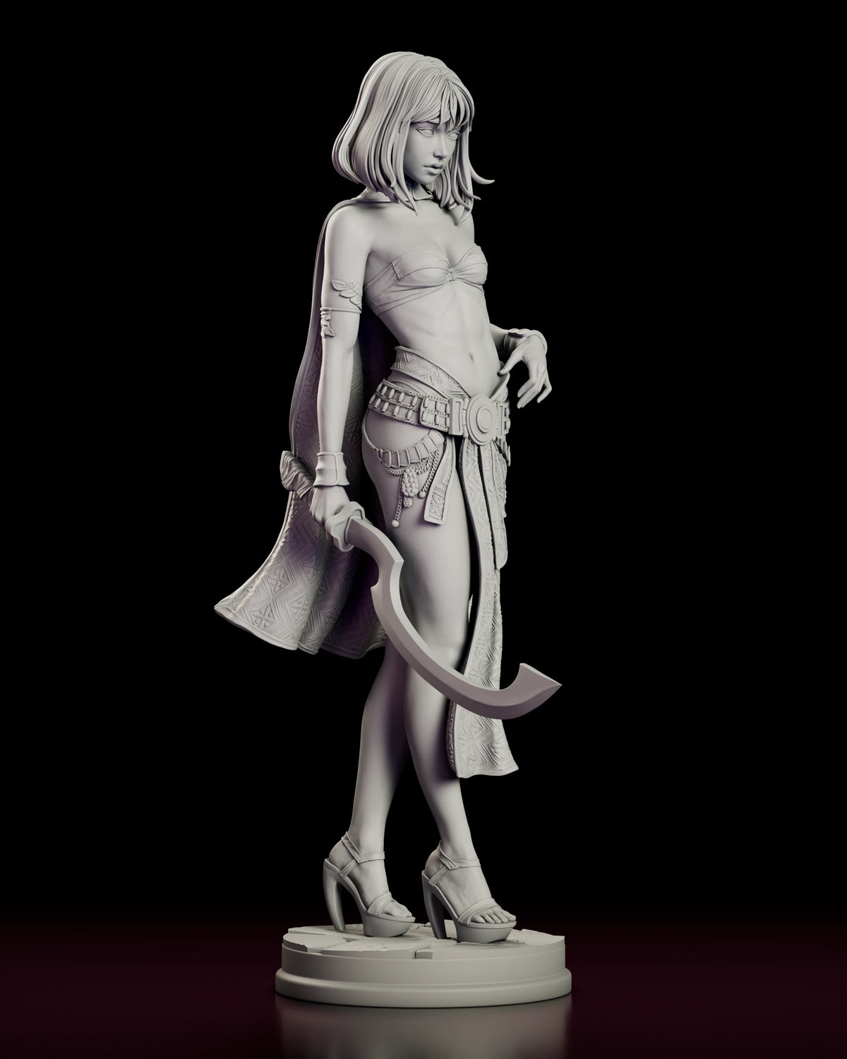 Right side view of the Desert Assassin Zahara figure model kit showing her crossing stride, long sash and platform sandals on the flagstone base