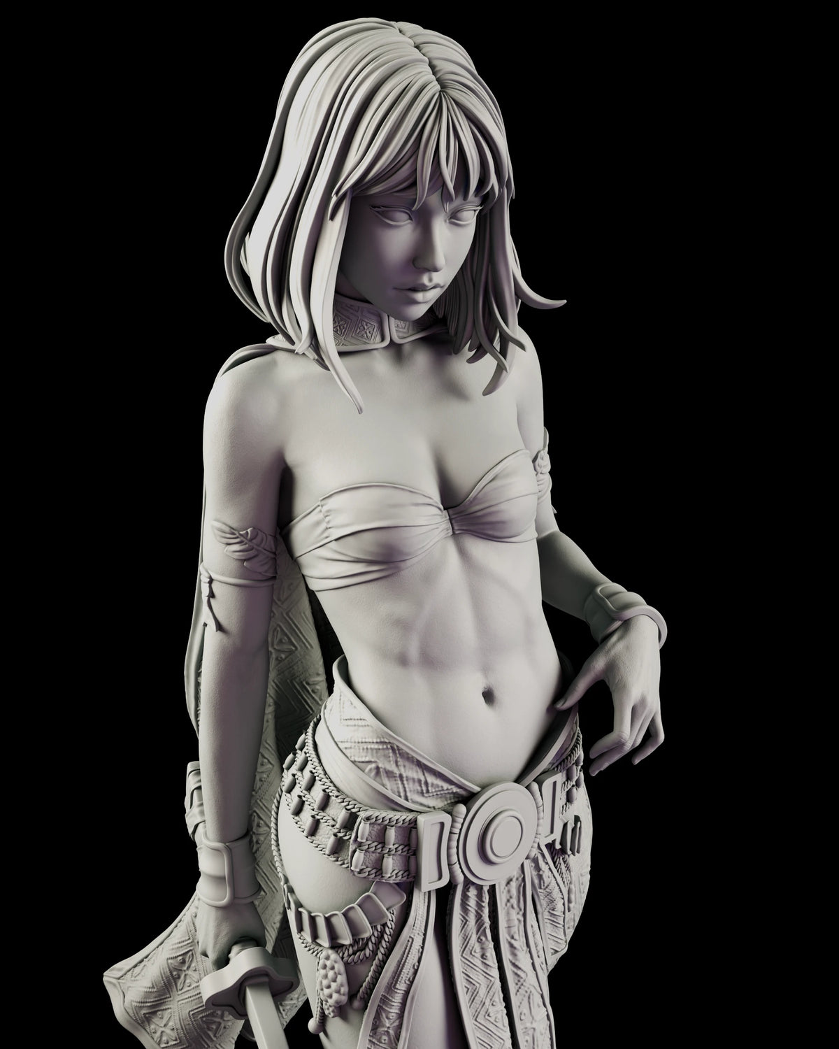 Close-up of the Desert Assassin Zahara figure model kit showing the twisted bandeau, feathered armbands, medallion belt with loops and cords, and the sword hilt in her hand